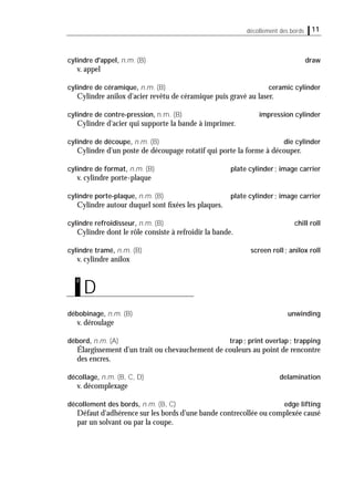 11décollement des bords
cylindre d'appel, n.m. (B) draw
v. appel
cylindre de céramique, n.m. (B) ceramic cylinder
Cylindre anilox d'acier revêtu de céramique puis gravé au laser.
cylindre de contre-pression, n.m. (B) impression cylinder
Cylindre d'acier qui supporte la bande à imprimer.
cylindre de découpe, n.m. (B) die cylinder
Cylindre d'un poste de découpage rotatif qui porte la forme à découper.
cylindre de format, n.m. (B) plate cylinder; image carrier
v. cylindre porte-plaque
cylindre porte-plaque, n.m. (B) plate cylinder; image carrier
Cylindre autour duquel sont ﬁxées les plaques.
cylindre refroidisseur, n.m. (B) chill roll
Cylindre dont le rôle consiste à refroidir la bande.
cylindre tramé, n.m. (B) screen roll; anilox roll
v. cylindre anilox
débobinage, n.m. (B) unwinding
v. déroulage
débord, n.m. (A) trap; print overlap; trapping
Élargissement d'un trait ou chevauchement de couleurs au point de rencontre
des encres.
décollage, n.m. (B, C, D) delamination
v. décomplexage
décollement des bords, n.m. (B, C) edge lifting
Défaut d'adhérence sur les bords d'une bande contrecollée ou complexée causé
par un solvant ou par la coupe.
D
d
 