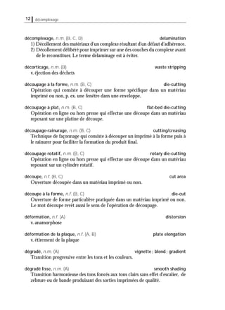 12 décomplexage
décomplexage, n.m. (B, C, D) delamination
1) Décollement des matériaux d'un complexe résultant d'un défaut d'adhérence.
2) Décollement délibéré pour imprimer sur une des couches du complexe avant
de le reconstituer. Le terme délaminage est à éviter.
décorticage, n.m. (B) waste stripping
v. éjection des déchets
découpage à la forme, n.m. (B, C) die-cutting
Opération qui consiste à découper une forme spéciﬁque dans un matériau
imprimé ou non, p. ex. une fenêtre dans une enveloppe.
découpage à plat, n.m. (B, C) ﬂat-bed die-cutting
Opération en ligne ou hors presse qui effectue une découpe dans un matériau
reposant sur une platine de découpe.
découpage-rainurage, n.m. (B, C) cutting/creasing
Technique de façonnage qui consiste à découper un imprimé à la forme puis à
le rainurer pour faciliter la formation du produit ﬁnal.
découpage rotatif, n.m. (B, C) rotary die-cutting
Opération en ligne ou hors presse qui effectue une découpe dans un matériau
reposant sur un cylindre rotatif.
découpe, n.f. (B, C) cut area
Ouverture découpée dans un matériau imprimé ou non.
découpe à la forme, n.f. (B, C) die-cut
Ouverture de forme particulière pratiquée dans un matériau imprimé ou non.
Le mot découpe revêt aussi le sens de l'opération de découpage.
déformation, n.f. (A) distorsion
v. anamorphose
déformation de la plaque, n.f. (A, B) plate elongation
v. étirement de la plaque
dégradé, n.m. (A) vignette; blend; gradient
Transition progressive entre les tons et les couleurs.
dégradé lisse, n.m. (A) smooth shading
Transition harmonieuse des tons foncés aux tons clairs sans effet d'escalier, de
zébrure ou de bande produisant des sorties imprimées de qualité.
 