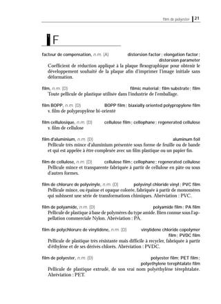 21ﬁlm de polyester
facteur de compensation, n.m. (A) distorsion factor; elongation factor;
distorsion parameter
Coefﬁcient de réduction appliqué à la plaque ﬂexographique pour obtenir le
développement souhaité de la plaque aﬁn d'imprimer l'image initiale sans
déformation.
ﬁlm, n.m. (D) ﬁlmic material; ﬁlm substrate; ﬁlm
Toute pellicule de plastique utilisée dans l'industrie de l'emballage.
ﬁlm BOPP, n.m. (D) BOPP ﬁlm; biaxially oriented polypropylene ﬁlm
v. ﬁlm de polypropylène bi-orienté
ﬁlm cellulosique, n.m. (D) cellulose ﬁlm; cellophane; regenerated cellulose
v. ﬁlm de cellulose
ﬁlm d'aluminium, n.m. (D) aluminum foil
Pellicule très mince d'aluminium présentée sous forme de feuille ou de bande
et qui est appelée à être complexée avec un ﬁlm plastique ou un papier ﬁn.
ﬁlm de cellulose, n.m. (D) cellulose ﬁlm; cellophane; regenerated cellulose
Pellicule mince et transparente fabriquée à partir de cellulose en pâte ou sous
d'autres formes.
ﬁlm de chlorure de polyvinyle, n.m. (D) polyvinyl chloride vinyl; PVC ﬁlm
Pellicule mince, ou épaisse et opaque colorée, fabriquée à partir de monomères
qui subissent une série de transformations chimiques. Abréviation : PVC.
ﬁlm de polyamide, n.m. (D) polyamide ﬁlm; PA ﬁlm
Pellicule de plastique à base de polymères du type amide.Bien connue sous l'ap-
pellation commerciale Nylon. Abréviation : PA.
ﬁlm de polychlorure de vinylidène, n.m. (D) vinylidene chloride copolymer
ﬁlm; PVDC ﬁlm
Pellicule de plastique très résistante mais difﬁcile à recycler, fabriquée à partir
d'éthylène et de ses dérivés chlorés. Abréviation : PVDC.
ﬁlm de polyester, n.m. (D) polyester ﬁlm; PET ﬁlm;
polyethylene terephtalate ﬁlm
Pellicule de plastique extrudé, de son vrai nom polyéthylène térephtalate.
Abréviation : PET.
F
f
 