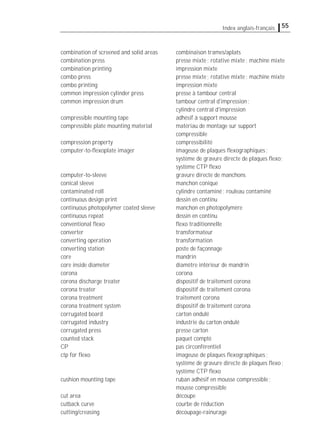 55Index anglais-français
combination of screened and solid areas combinaison trames/aplats
combination press presse mixte; rotative mixte; machine mixte
combination printing impression mixte
combo press presse mixte; rotative mixte; machine mixte
combo printing impression mixte
common impression cylinder press presse à tambour central
common impression drum tambour central d'impression;
cylindre central d'impression
compressible mounting tape adhésif à support mousse
compressible plate mounting material matériau de montage sur support
compressible
compression property compressibilité
computer-to-ﬂexoplate imager imageuse de plaques ﬂexographiques;
système de gravure directe de plaques ﬂexo;
système CTP ﬂexo
computer-to-sleeve gravure directe de manchons
conical sleeve manchon conique
contaminated roll cylindre contaminé; rouleau contaminé
continuous design print dessin en continu
continuous photopolymer coated sleeve manchon en photopolymère
continuous repeat dessin en continu
conventional ﬂexo ﬂexo traditionnelle
converter transformateur
converting operation transformation
converting station poste de façonnage
core mandrin
core inside diameter diamètre intérieur de mandrin
corona corona
corona discharge treater dispositif de traitement corona
corona treater dispositif de traitement corona
corona treatment traitement corona
corona treatment system dispositif de traitement corona
corrugated board carton ondulé
corrugated industry industrie du carton ondulé
corrugated press presse carton
counted stack paquet compté
CP pas circonférentiel
ctp for ﬂexo imageuse de plaques ﬂexographiques;
système de gravure directe de plaques ﬂexo;
système CTP ﬂexo
cushion mounting tape ruban adhésif en mousse compressible;
mousse compressible
cut area découpe
cutback curve courbe de réduction
cutting/creasing découpage-rainurage
 