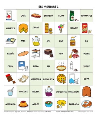ELS MENJARS 1
CAFÈ ENTREPÀ FLAM FORMATGE
GALETES GELAT IOGURT
MEL OLI OUS PA
PASTÍS PEIX PEBRE
CARN PIZZA SAL SUCRE
MANTEGA XOCOLATA SOPA
VINAGRE TRUITA CROQUETES MACARRONS
AMANIDA ARRÒS TORRADA
Autor dels pictogrames: Sergio Palao - Procedència: ARASAAC (http://arasaac.org) - Llicència: CC (BY-NC-SA) - Adaptable LECTRON CATALUNYA (Diset) - Mides d’impressió: 32 cm x 26 cm
 