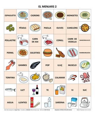 EL MENJARS 2
ESPAGUETIS CIGRONS MONGETES
PÈSOLS PAELLA OLIVES CANELONS
POLLASTRE
CARN
DE XAI
CONILL
CARN DE
VEDELLA
MANDONGUILLES
PERNIL SALSITXES HAMBURGUESA
GAMBES POP LLUÇ MUSCLO
TONYINA CALAMAR
LLET TE VI SUC
AIGUA LLENTIES SARDINA
Autor dels pictogrames: Sergio Palao - Procedència: ARASAAC (http://arasaac.org) - Llicència: CC (BY-NC-SA) - Adaptable LECTRON CATALUNYA (Diset) - Mides d’impressió: 32 cm x 26 cm
 