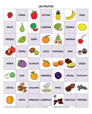 LES FRUITES
POMA PLÀTAN PERA
MELÓ LLIMONA SÍNDRIA
PRÉSSEC RAÏM TARONJA
CIRERA COCO MAGRANA KIWI
MÓRA ALVOCAT CAQUI
FIGA XIRIMOIA PRUNA MANDARINA
DÀTILS AVELLANES PIPES
PINYA MADUIXA ALBERCOC AMETLLES PINYONS
Autor dels pictogrames: Sergio Palao - Procedència: ARASAAC (http://arasaac.org) - Llicència: CC (BY-NC-SA) - Adaptable LECTRON CATALUNYA (Diset) - Mides d’impressió: 32 cm x 26 cm
 