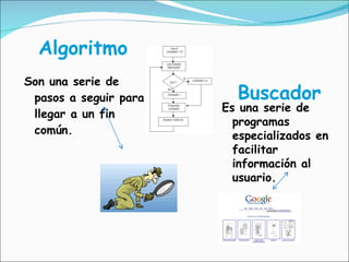 Algoritmo ,[object Object],Buscador Es una serie de programas especializados en facilitar información al usuario.  