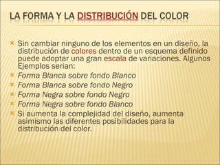 Sin cambiar ninguno de los elementos en un diseño, la distribución de  colores  dentro de un esquema definido puede adoptar una gran  escala  de variaciones. Algunos Ejemplos serian: Forma Blanca sobre fondo Blanco  Forma Blanca sobre fondo Negro Forma Negra sobre fondo Negro Forma Negra sobre fondo Blanco Si aumenta la complejidad del diseño, aumenta asimismo las diferentes posibilidades para la distribución del color. 