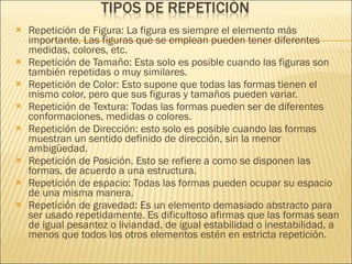 Repetición de Figura: La figura es siempre el elemento más importante. Las figuras que se emplean pueden tener diferentes medidas, colores, etc.  Repetición de Tamaño: Esta solo es posible cuando las figuras son también repetidas o muy similares. Repetición de Color: Esto supone que todas las formas tienen el mismo color, pero que sus figuras y tamaños pueden variar. Repetición de Textura: Todas las formas pueden ser de diferentes conformaciones, medidas o colores. Repetición de Dirección: esto solo es posible cuando las formas muestran un sentido definido de dirección, sin la menor ambigüedad. Repetición de Posición. Esto se refiere a como se disponen las formas, de acuerdo a una estructura. Repetición de espacio: Todas las formas pueden ocupar su espacio de una misma manera. Repetición de gravedad: Es un elemento demasiado abstracto para ser usado repetidamente. Es dificultoso afirmas que las formas sean de igual pesantez o liviandad, de igual estabilidad o inestabilidad, a menos que todos los otros elementos estén en estricta repetición. 