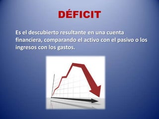 DÉFICIT
Es el descubierto resultante en una cuenta
financiera, comparando el activo con el pasivo o los
ingresos con los gastos.
 