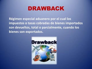 DRAWBACK
Régimen especial aduanero por el cual los
impuestos o tasas cobradas de bienes importados
son devueltos, total o parcialmente, cuando los
bienes son exportados.
 