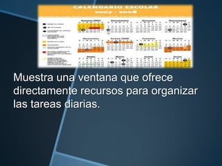 Muestra una ventana que ofrece
directamente recursos para organizar
las tareas diarias.
 
