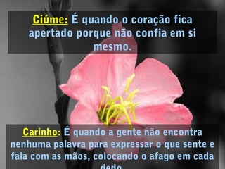 Carinho: É quando a gente não encontra
nenhuma palavra para expressar o que sente e
fala com as mãos, colocando o afago em cada
Ciúme: É quando o coração fica
apertado porque não confia em si
mesmo.
 