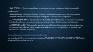 • EVOCACION: Representación en la memoria de algo percibido, vivido o conocido
en el pasado.
• HEURISTICO: s la capacidad que ostenta un sistema determinado para realizar de
manera inmediata innovaciones positivas para sí mismo y sus propósitos.
• AUTOMATIZACIÓN: s un sistema donde se trasfieren tareas de producción, realizadas
habitualmente por operadores humanos a un conjunto de elementos tecnológicos.
• ACTITUDINALES: Todo aquello que tiene por objetivo determinar las disposiciones de
ánimo manifestadas de algún modo para realizar ciertas actividades, ya sean de tipo
educativas, sociales, laborales.
www.definicionabc.com/general/heuristica.php
www.sc.ehu.es/sbweb/webcentro/automatica/WebCQMH1/PAGINA%20PRINCIPAL/Autom
atizacion/Automatizacion.htm
 
