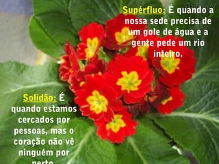 Supérfluo: É quando a
nossa sede precisa de
um gole de água e a
gente pede um rio
inteiro.
Solidão: É
quando estamos
cercados por
pessoas, mas o
coração não vê
ninguém por
 