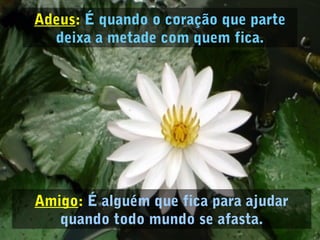 Amigo: É alguém que fica para ajudar
quando todo mundo se afasta.
Adeus: É quando o coração que parte
deixa a metade com quem fica.
 