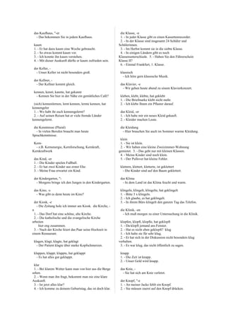 das Kaufhaus, "-er
- Das bekommen Sie in jedem Kaufhaus.
kaum
1. - Er hat dazu kaum eine Woche gebraucht.
2. - So etwas kommt kaum vor.
3. - Ich konnte ihn kaum verstehen.
4. - Mit dieser Auskunft dürfte er kaum zufrieden sein.
der Keller, -
- Unser Keller ist nicht besonders groß.
der Kellner, -
- Der Kellner kommt gleich.
kennen, kennt, kannte, hat gekannt
- Kennen Sie hier in der Nähe ein gemütliches Café?
(sich) kennenlernen, lernt kennen, lernte kennen, hat
kennengeler
1. - Wo habt ihr euch kennengelernt?
2. - Auf seinen Reisen hat er viele fremde Länder
kennengelernt.
die Kenntnisse (Plural)
- In vielen Berufen braucht man heute
Sprachkenntnisse.
Kern-
- z.B. Kernenergie, Kernforschung, Kernkraft,
Kernkraftwerk
das Kind, -er
1. - Die Kinder spielen Fußball.
2. - Er hat zwei Kinder aus erster Ehe.
3. - Meine Frau erwartet ein Kind.
der Kindergarten, "-
- Morgens bringe ich den Jungen in den Kindergarten.
das Kino, -s
- Was gibt es denn heute im Kino?
der Kiosk, -e
- Die Zeitung hole ich immer am Kiosk. die Kirche, -
n
1. - Das Dorf hat eine schöne, alte Kirche.
2. - Die katholische und die evangelische Kirche
arbeiten
hier eng zusammen.
3. - Nach der Kirche feiert das Paar seine Hochzeit in
einem Restaurant.
klagen, klagt, klagte, hat geklagt
- Der Patient klagte über starke Kopfschmerzen.
klappen, klappt, klappte, hat geklappt
- Es hat alles gut geklappt.
klar
1. - Bei klarem Wetter kann man von hier aus die Berge
sehen.
2. - Wenn man ihn fragt, bekommt man nie eine klare
Auskunft.
3. - Ist jetzt alles klar?
4. - Ich komme zu deinem Geburtstag, das ist doch klar.
die Klasse, -n
1. - In jeder Klasse gibt es einen Kassettenrecorder.
2. - In der Klasse sind insgesamt 24 Schüler und
Schülerinnen.
3. - Im Herbst kommt sie in die siebte Klasse.
4. - In einigen Ländern gibt es noch
Klassenunterschiede. 5. - Haben Sie den Führerschein
Klasse II?
6. - Einmal Frankfurt, 1. Klasse.
klassisch
- Ich höre gern klassische Musik.
das Klavier, -e
- Wir gehen heute abend zu einem Klavierkonzert.
kleben, klebt, klebte, hat geklebt
1. - Die Briefmarke klebt nicht mehr.
2. - Ich klebe Ihnen ein Pflaster darauf.
das Kleid, -er
1. - Ich habe mir ein neues Kleid gekauft.
2. - Kleider machen Leute.
die Kleidung
- Hier brauchen Sie auch im Sommer warme Kleidung.
klein
1. - Sie ist klein.
2. - Wir haben eine kleine Zweizimmer-Wohnung
gemietet. 3. - Das geht nur mit kleinen Klassen.
4. - Meine Kinder sind noch klein.
5. - Der Pullover hat kleine Fehler.
klettern, klettert, kletterte, ist geklettert
- Die Kinder sind auf den Baum geklettert.
das Klima
- In dem Land ist das Klima feucht und warm.
klingeln, klingelt, klingelte, hat geklingelt
1. - Bitte 3 x klingeln.
2. - Ich glaube, es hat geklingelt.
3. - In ihrem Büro klingelt den ganzen Tag das Telefon.
die Klinik, -en
- Ich muß morgen zu einer Untersuchung in die Klinik.
klopfen, klopft, klopfte, hat geklopft
1. - Da klopft jemand ans Fenster.
2. - Hat es nicht eben geklopft? klug
1. - Ich halte sie für sehr klug.
2. - Er hat sich in der Diskussion nicht besonders klug
verhalten.
3. - Es war klug, das nicht öffentlich zu sagen.
knapp
1. - Die Zeit ist knapp.
2. - Unser Geld wird knapp.
das Knie, -
- Sie hat sich am Knie verletzt.
der Knopf, "-e
1. - An meiner Jacke fehlt ein Knopf.
2. - Sie müssen zuerst auf den Knopf drücken.
 