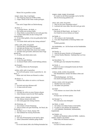 - Meine Uhr ist gestohlen worden.
steigen, steigt, stieg, ist gestiegen
1. - Das Flugzeug steigt auf 10 000 m Höhe.
2. - Gegen Abend ist das Fieber wieder gestiegen.
steil
- Eine steile Treppe führt zur Dachwohnung.
der Stein, -e
- Er sammelt Steine. die Stelle, -n
1. - Wir treffen uns an dieser Stelle.
2. - Diese Stelle in seinem Brief ist mir nicht ganz klar.
3. - An Ihrer Stelle hätte ich den Vertrag nicht
unterschrieben.
4. - Er hat Glück gehabt, er hat eine gutbezahlte Stelle
bekommen.
5. - An welche Stelle muß ich den Antrag schicken?
stellen, stellt, stellte, hat gestellt
1. - Stell das Bier in den Kühlschrank!
2. - Ich habe den Wecker auf 5 Uhr gestellt.
3. - Würden Sie das Radio bitte etwas leiser stellen.
4. - Ich habe mich gewundert, daß keiner diese Frage
gestellt hat.
5. - Er stellte sich direkt neben mich.
die Stellung, -en
1. - Er hat eine gute Stellung.
2. - Zu diesem Punkt wollte er nicht Stellung nehmen.
der Stempel, -
- Es gilt das Datum des Poststempels.
sterben, stirbt, starb, ist gestorben
- Ich weiß nicht genau, woran er gestorben ist. der
Stern, -e
- Heute sind viele Sterne am Himmel zu sehen.
die Steuer, -n
- Nächstes Jahr zahlen wir nicht so viel Steuern.
still
1. - Sei doch mal einen Moment still!
2. - Er kann nicht still sitzen.
die Stimme, -n
1. - Ich habe ihn sofort an seiner Stimme erkannt.
2. - Zehn Stimmen waren bei der Wahl ungültig.
stimmen, stimmt, stimmte, hat gestimmt
1. - Die Adresse stimmt nicht mehr.
2. - Ich werde gegen den Antrag stimmen.
die Stimmung, -en
1. - Sie ist heute in bester Stimmung.
2. - Dort ist immer eine gute Stimmung. der Stock, das
Stockwerk, -e
1. - Ihr Büro ist im 3. Stock, Zimmer 305.
2. - Das Gebäude hat zwanzig Stockwerke.
der Stoff, -e
1. - Für einen Wintermantel ist der Stoff zu dünn.
2. - Diese Lebensmittel enthalten giftige Stoffe.
stolz
- Er ist stolz darauf, daß er die Prüfung bestanden hat.
stoppen, stoppt, stoppte, hat gestoppt
- Er wurde von der Polizei gestoppt, weil er bei Rot
über die Kreuzung gefahren war.
stören, stört, störte, hat gestört
1. - Darf ich Sie einen Augenblick stören?
2. - Laß doch die Leute reden. Das stört mich gar nicht.
die Strafe, -n
- Das kostet 60 Mark Strafe. der Strand, "-e
- Im Urlaub bin ich am liebsten am Strand.
die Straße, -n
1. - Wir wohnen in der Gartenstraße.
2. - Von allen Hauptstraßen in Richtung Süden wird
dichter
Verkehr gemeldet.
die Straßenbahn, -en - Ich bin heute mit der Straßenbahn
gekommen.
die Strecke, -n
1. - Sind Sie die ganze Strecke zu Fuß gegangen?
2. - Auf der Strecke München - Salzburg Stau von 8 km
Länge.
das Streichholz, "-er
- Ich hätte gern eine Schachtel Streichhölzer.
der Streik, -s
- Durch ein neues Lohnangebot konnte der Streik
verhindert werden.
streiken, streikt, streikte, hat gestreikt
- Die Metallarbeiter streiken für höhere Löhne und
bessere
Arbeitsbedingungen. der Streit
- Ich möchte deswegen keinen Streit.
streiten, streitet, stritt, hat gestritten
1. - Darüber kann man streiten.
2. - Sie haben sich gestritten.
der Streß
- Viele träumen von einem Leben ohne Streß.
der Strom
- So kann man viel Strom sparen.
der Strumpf, "-e
- Wo sind meine roten Strümpfe?
das Stück, -e/-stück
1. - Ich nehme zwei Stück Zucker in den Kaffee.
2. - Er spielt in zwei Stücken die Hauptrolle.
3. - z.B. Geldstück, Musikstück, Schmuckstück,
Gepäckstück
der Student, -en
- Schüler und Studenten zahlen die Hälfte. studieren,
studiert, studierte, hat studiert
- Mein Sohn will Deutsch studieren.
das Studio, -s
- Zu Gast im Studio sind heute +
 