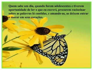 Quem sabe um dia, quando forem adolescentes e tiverem oportunidade de ler o que eu escrevi, procurem raciocinar sobre as palavras lá contidas, e amando-as, as deixem entrar  e morar em seus corações. 