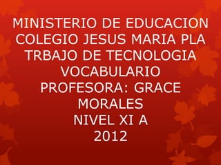 MINISTERIO DE EDUCACION
COLEGIO JESUS MARIA PLA
 TRBAJO DE TECNOLOGIA
      VOCABULARIO
   PROFESORA: GRACE
        MORALES
       NIVEL XI A
          2012
 