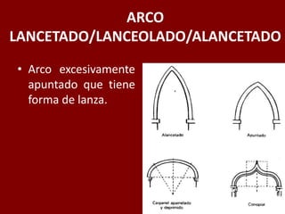 ARCO
LANCETADO/LANCEOLADO/ALANCETADO
• Arco excesivamente
apuntado que tiene
forma de lanza.
 