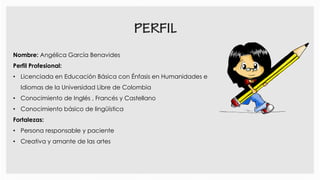 Nombre: Angélica García Benavides
Perfil Profesional:
• Licenciada en Educación Básica con Énfasis en Humanidades e
Idiomas de la Universidad Libre de Colombia
• Conocimiento de Inglés , Francés y Castellano
• Conocimiento básico de lingüística
Fortalezas:
• Persona responsable y paciente
• Creativa y amante de las artes
 