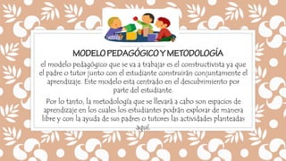 el modelo pedagógico que se va a trabajar es el constructivista ya que
el padre o tutor junto con el estudiante construirán conjuntamente el
aprendizaje. Este modelo esta centrado en el descubrimiento por
parte del estudiante.
Por lo tanto, la metodología que se llevará a cabo son espacios de
aprendizaje en los cuales los estudiantes podrán explorar de manera
libre y con la ayuda de sus padres o tutores las actividades planteadas
aquí.
 