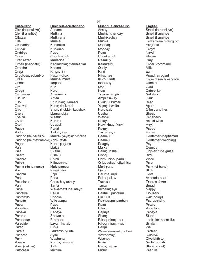 Vocabulario Comparativo Quechua Ecuador Ancash
