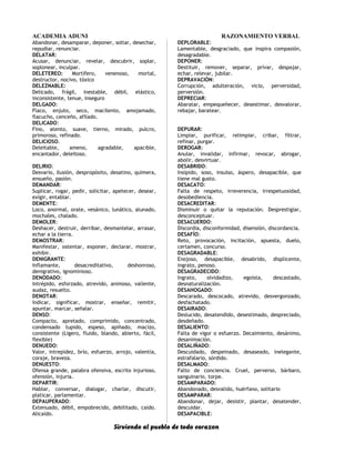 ACADEMIA ADUNI RAZONAMIENTO VERBAL
Abandonar, desamparar, deponer, soltar, desechar,
repudiar, renunciar.
DELATAR:
Acusar, denunciar, revelar, descubrir, soplar,
soplonear, inculpar.
DELETEREO: Mortífero, venenoso, mortal,
destructor, nocivo, tóxico
DELEZNABLE:
Delicado, frágil, inestable, débil, elástico,
inconsistente, tenue, inseguro
DELGADO:
Flaco, enjuto, seco, macilento, amojamado,
flacucho, cenceño, afilado.
DELICADO:
Fino, atento, suave, tierno, mirado, pulcro,
primoroso, refinado.
DELICIOSO.
Deleitable, ameno, agradable, apacible,
encantador, deleitoso.
DELIRIO:
Desvarío, ilusión, despropósito, desatino, quimera,
ensueño, pasión.
DEMANDAR:
Suplicar, rogar, pedir, solicitar, apetecer, desear,
exigir, entablar.
DEMENTE:
Loco, anormal, orate, vesánico, lunático, alunado,
mochales, chalado.
DEMOLER:
Deshacer, destruir, derribar, desmantelar, arrasar,
echar a la tierra.
DEMOSTRAR:
Manifestar, ostentar, exponer, declarar, mostrar,
exhibir.
DENIGRANTE:
Inflamante, desacreditativo, deshonroso,
denigrativo, ignominioso.
DENODADO:
Intrépido, esforzado, atrevido, animoso, valiente,
audaz, resuelto.
DENOTAR:
Indicar, significar, mostrar, enseñar, remitir,
apuntar, marcar, señalar.
DENSO:
Compacto, apretado, comprimido, concentrado,
condensado tupido, espeso, apiñado, macizo,
consistente (Ligero, fluido, blando, abierto, fácil,
flexible)
DENUEDO:
Valor, intrepidez, brío, esfuerzo, arrojo, valentía,
coraje, braveza.
DENUESTO:
Ofensa grande, palabra ofensiva, escrito injurioso,
ofensión, injuria.
DEPARTIR:
Hablar, conversar, dialogar, charlar, discutir,
platicar, parlamentar.
DEPAUPERADO:
Extenuado, débil, empobrecido, debilitado, caído.
Alicaído.
DEPLORABLE:
Lamentable, desgraciado, que inspira compasión,
desagradable.
DEPONER:
Destituir, remover, separar, privar, despojar,
echar, relevar, jubilar.
DEPRAVACIÓN:
Corrupción, adulteración, vicio, perversidad,
perversión.
DEPRECIAR:
Abaratar, empequeñecer, desestimar, desvalorar,
rebajar, baratear.
DEPURAR:
Limpiar, purificar, relimpiar, cribar, filtrar,
refinar, purgar.
DEROGAR:
Anular, invalidar, infirmar, revocar, abrogar,
abolir, desvirtuar.
DESABRIDO:
Insípido, soso, insulso, áspero, desapacible, que
tiene mal gusto.
DESACATO:
Falta de respeto, irreverencia, irrespetuosidad,
desobediencia.
DESACREDITAR:
Disminuir o quitar la reputación. Desprestigiar,
desconceptuar.
DESACUERDO:
Discordia, disconformidad, disensión, discordancia.
DESAFÍO:
Reto, provocación, incitación, apuesta, duelo,
certamen, concurso.
DESAGRADABLE:
Enojoso, desapacible, desabrido, displicente,
ingrato, penoso.
DESAGRADECIDO:
Ingrato, olvidadizo, egoísta, descastado,
desnaturalización.
DESAHOGADO:
Descarado, descocado, atrevido, desvergonzado,
desfachatado.
DESAIRADO:
Deslucido, desatendido, desestimado, despreciado,
desdeñado.
DESALIENTO:
Falta de vigor o esfuerzo. Decaimiento, desánimo,
desanimación.
DESALIÑADO:
Descuidado, despeinado, desaseado, inelegante,
estrafalario, sórdido.
DESALMADO:
Falto de conciencia. Cruel, perverso, bárbaro,
sanguinario, torpe.
DESAMPARADO:
Abandonado, desvalido, huérfano, solitario
DESAMPARAR:
Abandonar, dejar, desistir, plantar, desatender,
descuidar.
DESAPACIBLE:
Sirviendo al pueblo de todo corazon
 