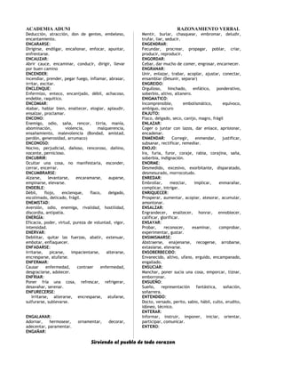 ACADEMIA ADUNI RAZONAMIENTO VERBAL
Deducción, atracción, don de gentes, embeleso,
encantamiento.
ENCARARSE:
Dirigirse, endilgar, encañonar, enfocar, apuntar,
enfrentarse.
ENCAUZAR:
Abrir cauce, encaminar, conducir, dirigir, llevar
por buen camino
ENCENDER:
Incendiar, prender, pegar fuego, inflamar, abrasar,
irritar, excitar.
ENCLENQUE:
Enfermizo, enteco, encanijado, débil, achacoso,
endeble, raquítico.
ENCOMIAR:
Alabar, hablar bien, enaltecer, elogiar, aplaudir,
ensalzar, proclamar.
ENCONO:
Enemigo, odio, saña, rencor, tirria, manía,
abominación, violencia, malquerencia,
ensañamiento, malevolencia (Bondad, amistad,
perdón, generosidad, arrumaco)
ENCONOSO:
Nocivo, perjudicial, dañoso, rencoroso, dañino,
nocente, pernicioso.
ENCUBRIR:
Ocultar una cosa, no manifestarla, esconder,
cerrar, encerrar.
ENCUMBRARSE:
Alzarse, levantarse, encaramarse, auparse,
empinarse, elevarse.
ENDEBLE:
Débil, flojo, enclenque, flaco, delgado,
escolimado, delicado, frágil.
ENEMISTAD:
Aversión, odio, enemiga, rivalidad, hostilidad,
discordia, antipatía.
ENERGÍA:
Eficacia, poder, virtud, pureza de voluntad, vigor,
intensidad.
ENERVAR:
Debilitar, quitar las fuerzas, abatir, extenuar,
embotar, enflaquecer.
ENFADARSE:
Irritarse, picarse, impacientarse, alterarse,
encresparse, atufarse.
ENFERMAR:
Causar enfermedad, contraer enfermedad,
desgraciarse, adolecer.
ENFRIAR:
Poner fría una cosa, refrescar, refrigerar,
desavahar, serenar.
ENFURECERSE:
Irritarse, alterarse, encresparse, atufarse,
sulfurarse, sublevarse.
ENGALANAR:
Adornar, hermosear, ornamentar, decorar,
adecentar, paramentar.
ENGAÑAR:
Mentir, burlar, chasquear, embromar, deludir,
trufar, liar, seducir.
ENGENDRAR:
Fecundar, procrear, propagar, poblar, criar,
producir, reproducir.
ENGORDAR:
Cebar, dar mucho de comer, engrosar, encarnecer.
ENGRANAR:
Unir, enlazar, trabar, acoplar, ajustar, conectar,
ensamblar (Desunir, separar)
ENGREIDO:
Orgulloso, hinchado, enfático, ponderativo,
soberbio, altivo, altanero.
ENIGMATICO:
Incomprensible, embolismático, equívoco,
ambiguo, oscuro
ENJUTO:
Flaco, delgado, seco, canijo, magro, frágil
ENLAZAR:
Coger o juntar con lazos, dar enlace, aprisionar,
encadenar.
ENMENDAR: Corregir, enmendar, justificar,
subsanar, rectificar, remediar.
ENOJO:
Ira, furia, furor, coraje, rabia, corajina, saña,
soberbia, indignación.
ENORME:
Desmedido, excesivo, exorbitante, disparatado,
desmesurado, morrocotudo.
ENREDAR:
Embrollar, mezclar, implicar, enmarañar,
complicar, intrigar.
ENRIQUECER:
Prosperar, aumentar, acopiar, atesorar, acumular,
amontonar.
ENSALZAR:
Engrandecer, enaltecer, honrar, ennoblecer,
calificar, glorificar.
ENSAYAR:
Probar, reconocer, examinar, comprobar,
experimentar, gustar.
ENSIMISMARSE:
Abstraerse, enajenarse, recogerse, arrobarse,
extasiarse, elevarse.
ENSOBERBECIDO:
Envanecido, altivo, ufano, erguido, encampanado,
engallado.
ENSUCIAR:
Manchar, poner sucia una cosa, emporcar, tiznar,
emborronar.
ENSUEÑO:
Sueño, representación fantástica, soñación,
soñarrera.
ENTENDIDO:
Docto, versado, perito, sabio, hábil, culto, erudito,
idóneo, técnico.
ENTERAR:
Informar, instruir, imponer, iniciar, orientar,
participar, comunicar.
ENTERO:
Sirviendo al pueblo de todo corazon
 