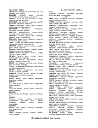 ACADEMIA ADUNI RAZONAMIENTO VERBAL
GRACIA: Don sobrenatural, don natural que hace
agradable a una persona.
GRACIOSO: Chistoso, agudo, divertido,
entretenido, saleroso, salado, sandunguero.
GRADUAR: Dar a una cosa un grado o calidad,
escalonar, matizar, aumentar.
GRANDIOSO: Sobresaliente, magnífico, grande,
imponente, estupendo, fenomenal.
GRANUJA: Vagabundo, bribón, pícaro, picarote,
picaril, picaresco, pillo, pilluelo.
GRATIFICAR: Remunerar, recompensar,
retribución, donación, propina.
GRATITUD: Agradecimiento, reconocimiento,
correspondencia, acción de gracias.
GRATUITO: Gratisdato, grato, libre, ventajoso,
regalado, barato, irremunerado.
GRAVAMEN: Carga, censo, obligación, impuesto,
servidumbre, gabela, canon.
GRAVE: Grande, de mucha entidad, importante,
considerable, capital, trascendencia.
GRAVITAR: Estribar, cargar, entibar, restribar,
gravar, apoyar, apoyarse.
GRAVOSO: Molesto con exceso, cargante, pesado,
fastidioso, engorroso, empalagoso.
GRIETA: Quiebra, hendidura, abertura, rendija,
raja, fisura, gotera, fenda.
GRITERIA: Griterío, grita, vocerío, vocería,
chillería, alborbola, algarabía.
GROTESCO: Ridículo, extravagante, charro,
irrisorio, chocarrero, bufonesco.
GRUÑIR: Dar gruñidos, murmurar entre dientes,
gañir, refunfuñar, respingar.
GUAPO: El que desprecia los peligros, que acomete
con gallardía, agraciado.
GUARDA: Tutela, cumplimiento, observancia,
custodia, guardián, vigilante.
GUARECER: Acoger a uno, ponerle a salvo,
guardar, conservar, cubrir, medicinar.
GUARNECER:
Adornar, guarnir, ornar, revestir, embellecer,
paramentar, acicalar.
GUASON:
Que tiene guasa o sosería, soso, desgraciado,
patoso, pavisoso.
GUIA:
Conductor, director, guiador, ductor, orientador,
maestro, mentor.
GUIÑAPO:
Andrajo, trapo roto, harapo, arrapiezo, andrajoso,
vil.
GUIÑAPO:
Andrajo, harapo, pingajo, harapiento,
zarrapastroso, desaliñado (Gala, adorno,
ornamento, aderezo, atavío, aparejo,
perendengue)
GUIÑAPO:
Andrajo, trapo, harapo, calandrajo, desaliñado,
jirón, pingo, piltrafa
GUISAR:
Adobar, aderezar, cocinar, cocinear, sazonar,
rustrir, escalfar.
GULA:
Gulosidad, glotonería, sibaritismo, voracidad,
avidez, adefagía, intemperancia.
“H”
HABIL: Capaz, inteligente, dispuesto, habilidoso,
idóneo, competente, apto.
HABITO: Costumbre, práctica, vezo, uso, estilo,
moda, método, rito, rutina.
HABITUAL: Consuetudinario, habitudinal, ritual,
rutinario, usual, frecuente.
HABLA: Facultad de hablar, lenguaje, idioma,
lengua, dialecto, palabra, locución.
HACENDOSO: Trabajador, diligente, afanoso,
laborioso, laboroso, aplicado, infatigable.
HACHA: Maestro, educador, pedagogo, preceptor,
maese, instructor, mentor, guía dómine, ayo,
institutriz, catequista, profesor, catedrático,
doctor, artista, as
HACINAR: Amontonar, acumular, aglomerar, juntar
sin orden, acopiar, apilar.
HACINAR: Amontonar, apilar, acumular,
aglomerar, agregar, mezclar, apretar
HADO: Destino, sino, estrella, fatalidad, signo,
suerte, determinación, fortuna.
HALAGAR: Dar muestras de efecto, dar motivo de
satisfacción, adular, lisonjear.
HALAGUEÑO: Halaguero, lisonjero, obsequioso,
risueño, encomiástico, halagador.
HALLAR: Dar con una persona o casa, encontrar,
ver, observar, notar, topar.
HALLAZGO: Encuentro, hallamiento,
descubrimiento, acierto, invención, solución.
HAMBRE: Apetito, gana, necesidad de comer,
escasez de frutos, apetencia.
HAMPA: Chusma, hez, sociedad de pícaros, vida
picaresca, vida maleante.
HARAGAN: Que rehuye del trabajo, perezoso,
holgazán, gandul, vago, tumbón.
HARAPIENTO: Andrajoso, haraposo, guiñaposo,
guiñapiento, maltrapillo.
HARTO: Bastante, sobrado, satisfecho, repleto,
lleno, ahíto, sacio, empachoso.
HASTIO: Repugnancia, asco, tedio, aburrimiento,
disgusto, cansancio, fastidio.
HASTIO: Tedio, aburrimiento, cansancio,
disgusto, repugnancia, asco, indiferencia,
indolencia, empalago, morriña, nostalgia,
malhumor (alegría, satisfacción, diversión,
actividad, entusiasmo, entretenimiento)
HATO: Ropa, pequeño ajuar, fardel, provisiones,
víveres, junta, corrillo.
HAZ: Gavilla, gabijón, garbón, monojo, manada,
brazado, atado, mazo.
HAZAÑA: Hecho señalado, acción heroica, proeza,
gesta, valentía, heroicidad.
HECATOMBE: Sacrificio, inmolación, holocausto,
ablación, degollina, carnicería, matanza,
destrucción, tragedia, desgracia, descalabro
(Prosperidad, progreso, suerte)
HECHICERIA: Brujería, magia, superstición,
ocultismo, cábalas, gnosis, alquimia.
Sirviendo al pueblo de todo corazon
 