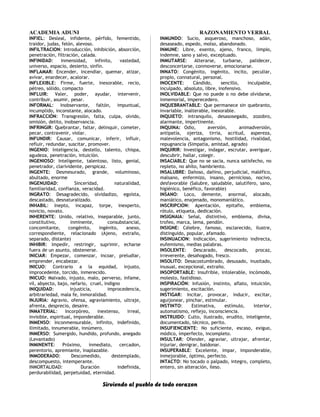 ACADEMIA ADUNI RAZONAMIENTO VERBAL
INFIEL: Desleal, infidente, pérfido, fementido,
traidor, judas, felón, alevoso.
INFILTRACION: Introducción, inhibición, absorción,
penetración, filtración, calada.
INFINIDAD: Inmensidad, infinito, vastedad,
universo, espacio, desierto, sinfín.
INFLAMAR: Encender, incendiar, quemar, atizar,
avivar, enardecer, acalorar.
INFLEXIBLE: Firme, fuerte, inexorable, recio,
pétreo, sólido, compacto
INFLUIR: Valer, poder, ayudar, intervenir,
contribuir, asumir, pesar.
INFORMAL: Inobservante, faltón, impuntual,
incumplido, inconstante, alocado.
INFRACCIÓN: Transgresión, falta, culpa, olvido,
omisión, delito, inobservancia.
INFRINGIR: Quebrantar, faltar, delinquir, cometer,
pecar, contravenir, violar.
INFUNDIR: Causar, comunicar, inferir, influir,
refluir, redundar, suscitar, promover.
INGENIO: Inteligencia, destello, talento, chispa,
agudeza, penetración, intuición.
INGENIOSO: Inteligente, talentoso, listo, genial,
penetrador, clarividente, perspicaz.
INGENTE: Desmesurado, grande, voluminoso,
abultado, enorme
INGENUIDAD: Sinceridad, naturalidad,
familiaridad, confianza, veracidad.
INGRATO: Desagradecido, olvidadizo, egoísta,
descastado, desnaturalizado.
INHABIL: Inepto, incapaz, torpe, inexperto,
novicio, novato.
INHERENTE: Unido, relativo, inseparable, junto,
constitutivo, inminente, consubstancial,
concomitante, congénito, ingénito, anexo,
correspondiente, relacionado (Ajeno, extraño,
separado, distante)
INHIBIR: Impedir, restringir, suprimir, echarse
fuera de un asunto, obstenerse.
INICIAR: Empezar, comenzar, incoar, preludiar,
emprender, encabezar.
INICUO: Contrario a la equidad, injusto,
improcedente, torcido, inmerecido.
INICUO: Malvado, injusto, malo, perverso, infame,
vil, abyecto, bajo, nefario, cruel, indigno
INIQUIDAD: Injusticia, improcedencia,
arbitrariedad, mala fe, inmoralidad.
INJURIA: Agravio, ofensa, agraviamiento, ultraje,
afrenta, desprecio, desaire.
INMATERIAL: Incorpóreo, inextenso, irreal,
invisible, espiritual, imponderable.
INMENSO: Inconmensurable, infinito, indefinido,
ilimitado, innumerable, innúmero.
INMERSO: Sumergido, hundido, profundo, anegado
(Levantado)
INMINENTE: Próximo, inmediato, cercadon,
perentorio, apremiante, inaplazable.
INMODERADO: Descomedido, destemplado,
descompuesto, intemperante.
INMORTALIDAD: Duración indefinida,
perdurabilidad, perpetuidad, eternidad.
INMUNDO: Sucio, asqueroso, manchoso, adán,
desaseado, espedo, molso, abandonado.
INMUNE: Libre, exento, ajeno, franco, limpio,
indemne, sano y salvo, exceptuado.
INMUTARSE: Alterarse, turbarse, palidecer,
desconcertarse, conmoverse, emocionarse.
INNATO: Congénito, ingénito, incito, peculiar,
propio, connatural, personal.
INOCENTE: Cándido, sencillo, inculpable,
inculpado, absoluto, libre, inofensivo.
INOLVIDABLE: Que no puede o no debe olvidarse,
inmemorial, imperecedero.
INQUEBRANTABLE: Que permanece sin quebranto,
invariable, inalterable, inexorable.
INQUIETO: Intranquilo, desasosegado, zozobro,
alarmante, impertinente.
INQUINA: Odio, aversión, animadversión,
antipatía, ojeriza, tirria, acritud, aspereza,
malevolencia, antagonismo, hostilidad, rivalidad,
repugnancia (Simpatía, amistad, agrado)
INQUIRIR: Investigar, indagar, escrutar, averiguar,
descubrir, hallar, colegir.
INSACIABLE: Que no se sacia, nunca satisfecho, no
repleto, no ahíto, hambriento.
INSALUBRE: Dañoso, dañino, perjudicial, maléfico,
malsano, enfermizo, insano, pernicioso, nocivo,
desfavorable (Salubre, saludable, salutifero, sano,
higiénico, benéfico, favorable)
INSANO: Loco, demente, anormal, alocado,
maniático, enajenado, monomaniático.
INSCRIPCION: Apentación, epitafio, emblema,
rótulo, etiqueta, dedicación.
INSIGNAIA: Señal, distintivo, emblema, divisa,
trofeo, marca, lema, pendón.
INSIGNE: Célebre, famoso, esclarecido, ilustre,
distinguido, popular, afamado.
INSINUACION: Indicación, sugerimiento indirecta,
eufemismo, medias palabras.
INSOLENTE: Descarado, descocado, procaz,
irreverente, desahogado, fresco.
INSOLITO: Desacostumbrado, desusado, inusitado,
inusual, excepcional, extraño.
INSOPORTABLE: Insufrible, intolerable, incómodo,
molesto, fastidioso.
INSPIRACIÓN: Infusión, instinto, aflato, intuición,
sugerimiento, excitación.
INSTIGAR: Incitar, provocar, inducir, excitar,
aguijonear, pinchar, estimular.
INSTINTO: Estimativa, estímulo, interior,
automatismo, reflejo, inconsciencia.
INSTRUIDO: Culto, ilustrado, erudito, inteligente,
documentado, técnico, perito.
INSUFIENCIENTE: No suficiente, escaso, exiguo,
módico, imperfecto, incompleto.
INSULTAR: Ofender, agraviar, ultrajar, afrentar,
injuriar, denigrar, baldonar.
INSUPERABLE: Excelente, impar, imponderable,
inmejorable, óptimo, perfecto.
INTACTO: No tocado o palpado, integro, completo,
entero, sin alteración, ileso.
Sirviendo al pueblo de todo corazon
 
