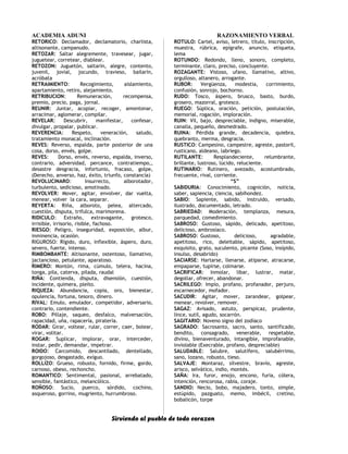 ACADEMIA ADUNI RAZONAMIENTO VERBAL
RETORICO: Declamador, declamatorio, charlista,
altisonante, campanudo.
RETOZAR: Saltar alegremente, travesear, jugar,
juguetear, corretear, diablear.
RETOZON: Juguetón, saltarín, alegre, contento,
juvenil, jovial, jocundo, travieso, bailarín,
acróbata
RETRAIMIENTO: Recogimiento, aislamiento,
apartamiento, retiro, alejamiento.
RETRIBUCION: Remuneración, recompensa,
premio, precio, paga, jornal.
REUNIR: Juntar, acopiar, recoger, amontonar,
arracimar, aglomerar, compilar.
REVELAR: Descubrir, manifestar, confesar,
divulgar, propalar, publicar.
REVERENCIA: Respeto, veneración, saludo,
tratamiento monacal, inclinación.
REVES: Reverso, espalda, parte posterior de una
cosa, dorso, envés, golpe.
REVES: Dorso, envés, reverso, espalda, inverso,
contrario, adversidad, percance, contratiempo,,
desastre desgracia, infortunio, fracaso, golpe,
(Derecho, anverso, haz, éxito, triunfo, constancia)
REVOLUCINARO: Insurrecto, alborotador,
turbulento, sedicioso, amotinado.
REVOLVER: Mover, agitar, envolver, dar vuelta,
menear, volver la cara, separar.
REYERTA: Riña, alboroto, pelea, altercado,
cuestión, disputa, trifulca, marimorena.
RIDICULO: Extraño, extravagante, grotesco,
irrisible, irrisorio, risible, fachoso.
RIESGO: Peligro, inseguridad, exposición, albur,
inminencia, ocasión.
RIGUROSO: Rígido, duro, inflexible, áspero, duro,
severo, fuerte, intenso.
RIMBOMBANTE: Altisonante, ostentoso, llamativo,
jactancioso, petulante, aparatoso.
RIMERO: Montón, rima, cúmulo, telera, hacina,
tonga, pila, caterva, pilada, raudal
RIÑA: Contienda, disputa, disensión, cuestión,
incidente, quimera, pleito.
RIQUEZA: Abundancia, copia, oro, bienestar,
opulencia, fortuna, tesoro, dinero.
RIVAL: Emulo, emulador, competidor, adversario,
contrario, contendiente.
ROBO: Pillaje, saqueo, desfalco, malversación,
rapacidad, uña, rapacería, piratería.
RODAR: Girar, voltear, rular, correr, caer, bolear,
virar, volitar.
ROGAR: Suplicar, implorar, orar, interceder,
instar, pedir, demandar, impetrar.
ROIDO: Carcomido, descantilado, dentellado,
gorgojoso, desgastado, exíguo.
ROLLIZO: Grueso, robusto, fornido, firme, gordo,
carnoso, obeso, rechoncho.
ROMANTICO: Sentimental, pasional, arrebatado,
sensible, fantástico, melancólico.
ROÑOSO: Sucio, puerco, sórdido, cochino,
asqueroso, gorrino, mugriento, hurrumbroso.
ROTULO: Cartel, aviso, letrero, título, inscripción,
muestra, rúbrica, epígrafe, anuncio, etiqueta,
lema
ROTUNDO: Redondo, lleno, sonoro, completo,
terminante, claro, preciso, concluyente.
ROZAGANTE: Vistoso, ufano, llamativo, altivo,
orgulloso, altanero, arrogante.
RUBOR: Vergüenza, modestia, corrimiento,
confusión, sonrojo, bochorno.
RUDO: Tosco, áspero, brusco, basto, burdo,
grosero, mazorral, grotesco.
RUEGO: Súplica, oración, petición, postulación,
memorial, rogación, imploración.
RUIN: Vil, bajo, despreciable, indigno, miserable,
canalla, pequeño, desmedrado.
RUINA: Pérdida grande, decadencia, quiebra,
quebranto, merma, desgracia.
RUSTICO: Campesino, campestre, agreste, pastoril,
rusticano, aldeano, labriego.
RUTILANTE: Resplandeciente, relumbrante,
brillante, lustroso, lúcido, reluciente.
RUTINARIO: Rutinero, avezado, acostumbrado,
frecuente, rival, corriente.
“S”
SABIDURIA: Conocimiento, cognición, noticia,
saber, sapiencia, ciencia, sabihondez.
SABIO: Sapiente, sabido, instruido, versado,
ilustrado, documentado, letrado.
SABRIEDAD: Moderación, templanza, mesura,
parquedad, comedimiento.
SABROSO: Gustoso, sápido, delicado, apetitoso,
delicioso, ambrosíaco.
SABROSO: Gustoso, delicioso, agradable,
apetitoso, rico, deleitable, sápido, apetitoso,
exquisito, grato, suculento, picante (Soso, insípido,
insulso, desabrido)
SACIARSE: Hartarse, llenarse, atiparse, atracarse,
empaparse, tupirse, colmarse.
SACRIFICAR: Inmolar, libar, lustrar, matar,
degollar, ofrecer, abandonar.
SACRILEGO: Impío, profano, profanador, perjuro,
escarnecedor, mofador.
SACUDIR: Agitar, mover, zarandear, golpear,
menear, revolver, remover.
SAGAZ: Avisado, astuto, perspicaz, prudente,
lince, sutil, agudo, socarrón.
SAGITARIO: Noveno signo del zodíaco
SAGRADO: Sacrosanto, sacro, santo, santificado,
bendito, consagrado, venerable, respetable,
divino, bienaventurado, intangible, improfanable,
inviolable (Execrable, profano, despreciable)
SALUDABLE: Salubre, salutífero, salubérrimo,
sano, lozano, robusto, tieso.
SALVAJE: Montaraz, silvestre, bravío, agreste,
arisco, selvático, indio, montés.
SAÑA: Ira, furor, enojo, encono, furia, cólera,
intención, rencorosa, rabia, coraje.
SANDIO: Necio, bobo, majadero, tonto, simple,
estúpido, pazguato, memo, imbécil, cretino,
bobalicón, torpe
Sirviendo al pueblo de todo corazon
 