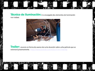 24/11/15
anuncio en forma de avance de curta duración sobre unha película que se
estrenará proximamente. https://www.youtube.com/watch?v=dr-I7zbEn9g
é o encargado dos elementos de iluminación
nun rodaxe.
 