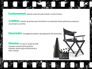 película cunha duración inferior a trinta minutos.
relación de persoas que interviñeron na realización dunha película que aparecen
ao principio ou ao final.
encargado do diseño e da preparación dos decorados.
é o que se ocupa de todo
o proceso creativo dunha película.
Coordina, dirixe e guía artísticamente a
todo o equipo.
 