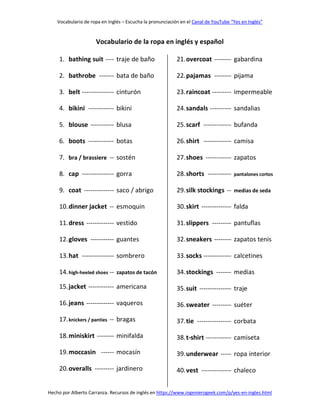 Vocabulario de la ropa en inglés y español - Prendas de vestir - Lista de  palabras