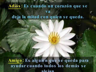 Amigo :  Es alguien que se queda para ayudar cuando todos los demás se alejan. Adiós :   Es cuando un corazón que se va deja la mitad con quien se queda. 