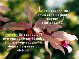 Nietos:   Es cuando Dios envía ángeles para alegrar  a los abuelos. Orgullo:   Es cuando una persona se siente hormiga y quiere convencer a los demás de que es un elefante. 