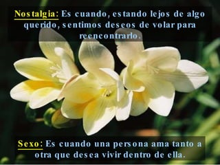 Sexo:  Es cuando una persona ama tanto a otra que desea vivir dentro de ella. Nostalgia:  Es cuando, estando lejos de algo querido, sentimos deseos de volar para reencontrarlo. 