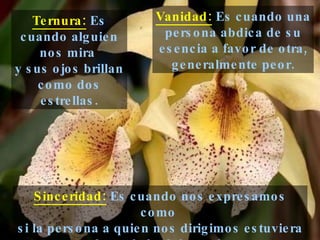 Ternura:  Es cuando alguien nos mira  y sus ojos brillan como dos estrellas. Sinceridad:  Es cuando nos expresamos como  si la persona a quien nos dirigimos estuviera  al otro lado del espejo. Vanidad:  Es cuando una persona abdica de su esencia a favor de otra, generalmente peor. 