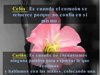 Cariño :   Es cuando no encontramos ninguna palabra para expresar lo que sentimos  y hablamos con las manos, colocando una caricia en cada dedo. Celos:  Es cuando el corazón se retuerce porque no confía en sí mismo. 