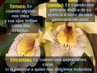 Ternura:  Es cuando alguien nos mira  y sus ojos brillan como dos estrellas. Sinceridad:  Es cuando nos expresamos como  si la persona a quien nos dirigimos estuviera  al otro lado del espejo. Vanidad:  Es cuando una persona abdica de su esencia a favor de otra; generalmente peor. 