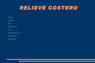 RELIEVE COSTERO CABO GOLFO RÍA PENINSULA ISLA ARCHIPIÉLAGO ALBUFERA MARISMA 