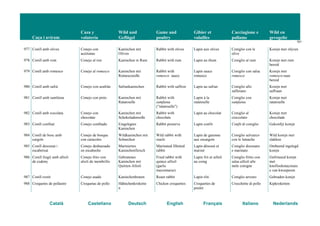 Caça i aviram
Caza y
volatería
Wild und
Geflügel
Game and
poultry
Gibier et
volailles
Cacciagione e
pollame
Wild en
gevogelte
101
Català Castellano Deutsch English Français Italiano Nederlands
977 Conill amb olives Conejo con
aceitunas
Kaninchen mit
Oliven
Rabbit with olives Lapin aux olives Coniglio con le
olive
Konijn met olijven
978 Conill amb rom Conejo al ron Kaninchen in Rum Rabbit with rum Lapin au rhum Coniglio al rum Konijn met rum
bereid
979 Conill amb romesco Conejo al romesco Kaninchen mit
Romescosoße
Rabbit with
romesco sauce
Lapin sauce
romesco
Coniglio con salsa
romesco
Konijn met
romesco-saus
bereid
980 Conill amb safrà Conejo con azafrán Safrankaninchen Rabbit with saffron Lapin au safran Coniglio allo
zafferano
Konijn met
saffraan
981 Conill amb samfaina Conejo con pisto Kaninchen mit
Ratatouille
Rabbit with
samfaina
("ratatouille")
Lapin à la
ratatouille
Coniglio con
samfaina
Konijn met
ratatouille
982 Conill amb xocolata Conejo con
chocolate
Kaninchen mit
Schokoladensoße
Rabbit with
chocolate
Lapin au chocolat Coniglio al
cioccolato
Konijn met
chocolade
983 Conill confitat Conejo confitado Eingelegtes
Kaninchen
Rabbit preserve Lapin confit Confit di coniglio Gekonfijt konijn
984 Conill de bosc amb
cargols
Conejo de bosque
con caracoles
Wildkaninchen mit
Schnecken
Wild rabbit with
snails
Lapin de garenne
aux escargots
Coniglio selvatico
con le lumache
Wild konijn met
slakken
985 Conill desossat i
escabetxat
Conejo deshuesado
en escabeche
Mariniertes
Kaninchenfleisch
Marinated filletted
rabbit
Lapin désossé et
mariné
Coniglio disossato
e marinato
Ontbeend ingelegd
konijn
986 Conill fregit amb allioli
de codony
Conejo frito con
alioli de membrillo
Gebratenes
Kaninchen mit
Quitten-Allioli
Fried rabbit with
quince allioli
(garlic
mayonnaise)
Lapin frit et ailloli
au coing
Coniglio fritto con
salsa allioli alle
mele cotogne
Gefrituurd konijn
met
knoflookmayonais
e van kweeperen
987 Conill rostit Conejo asado Kaninchenbraten Roast rabbit Lapin rôti Coniglio arrosto Gebraden konijn
988 Croquetes de pollastre Croquetas de pollo Hähnchenkrokette
n
Chicken croquettes Croquettes de
poulet
Crocchette di pollo Kipkroketten
 
