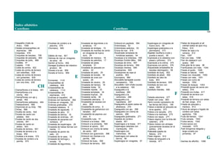Índice alfabético
Castellano Castellano
128
Crespèths (Valle de
Arán), 1095
Crestes (empanadillas) de
espinacas, 366
Croquetas, 579
Croquetas de bacalao, 799
Croquetas de pescado, 800
Croquetas de pollo, 988
Crudités, 47
Cuajada, 1150
Culata de contra, 622
Culata de contra de ternera
con cebollitas, 628
Culata de contra de ternera
con guisantes, 629
Culata de contra de ternera
con vino tinto, 630
CH
Champiñones a la brasa, 461
Champiñones a la
crema, 463
Champiñones con ajo y
perejil, 462
Champiñones salteados, 464
Chateaubriand, 568
Chipirones en su tinta, 785
Chirlas, 888
Chuleta de cerdo, 642
Chuleta de cerdo con
patatas, 644
Chuleta de cerdo de dos
colores, 641
Chuleta de cerdo en
adobo, 643
Chuleta de ternera, 651
Chuleta de ternera a la
brasa, 652
Chuletas a la brasa, 572
Chuletas de cordero a la
parrilla, 575
Chuletas de cordero a la
plancha, 576
Churrasco, 569
D
Dátiles de mar, 801
Delicias de mar en vinagreta
de sidra, 48
Dentón al horno, 802
Donegal (butifarra del intestino
grueso), 94
Dorada a la sal, 858
Dorada al horno, 859
E
Emmental, 1133
Empanadillas de
calabaza, 409
Empanadillas de
calabaza, 1110
Empanadillas de
espinacas, 410
Endivias al roquefort, 49
Endivias con bechamel, 369
Endivias en vinagreta, 50
Endivias gratinadas, 370
Ensalada catalana, 6
Ensalada de aguacate, 7
Ensalada de atún, 31
Ensalada de berros, 10
Ensalada de endivias, 20
Ensalada de escarola con
romesco, 27
Ensalada de espárragos, 28
Ensalada de habas tiernas con
menta, 11
Ensalada de jamón de
pato, 23
Ensalada de la casa, 12
Ensalada de lechuga y
tomate, 19
Ensalada de legumbres, 13
Ensalada de legumbres a la
andaluza, 14
Ensalada de lentejas, 15
Ensalada de manitas de cerdo
en vinagreta de huevo
duro, 24
Ensalada de marisco, 18
Ensalada de palmitos, 17
Ensalada de pasta
templada, 21
Ensalada de pescado en
adobo, 22
Ensalada de pollo, 25
Ensalada de tomate, 30
Ensalada de uvas con
queso, 26
Ensalada de verano, 29
Ensalada del tiempo, 16
Ensalada mixta, 32
Ensalada niçoise, 33
Ensalada templada, 34
Ensalada tropical, 35
Ensalada verde, 36
Ensaladilla alemana, 5
Ensaladilla de alubias con
atún, 368
Ensaladilla de arroz, 8
Ensaladilla de garbanzos con
bacalao, 367
Ensaladilla de pepinos con
atún, 9
Ensaladilla rusa, 51
Entrecot a la brasa, 586
Entrecot a la pimienta, 590
Entrecot al oporto, 591
Entrecot con crema de setas
de cardo, 587
Entrecot con guarnición, 588
Entrecot con hierbas a la
parrilla, 589
Entrecot de buey, 592
Entrecot de ternera, 593
Entrecot en papillote, 594
Entremeses, 52
Entremeses selectos, 53
Erizos de mar, 818
Escalivada (ensalada de
hortalizas asadas), 54
Escalopa a la milanesa, 595
Escalopa Cordon Bleu, 596
Escalopa de lomo, 597
Escalopa de ternera, 598
Escalopa vienesa, 599
Escalopines, 600
Escalopines de rape al
azafrán, 803
Escorpena, 884
Escudella barrejada (cocido
campesino), 159
Escudella i carn d'olla (cocido
a la catalana), 165
Espaguetis a la
boloñesa, 265
Espaguetis a la
carbonara, 266
Espaguetis a la
napolitana, 267
Espaguetis al pesto (salsa de
albahaca), 270
Espaguetis con ajo, 268
Espaguetis con crema de
salmón, 269
Espaguetis gratinados, 271
Espalda de cordero
asada, 601
Espárragos a la brasa, 371
Espárragos calientes con
mantequilla, 372
Espárragos con
mahonesa, 55
Espárragos con salsa de
berros, 56
Espárragos en vinagreta, 57
Espárragos en vinagreta de
huevo duro, 58
Espárragos gratinados a la
parmesana, 373
Espetec (butifarra cruda y
puesta a secar), 95
Espinacas a la catalana (con
pasas y piñones), 374
Espinacas a la crema, 375
Espinacas con jamón, 376
Esqueixada (ensaladilla de
bacalao desmigado), 59
Estofado de buey, 602
Estofado de jabalí, 992
Estofado de rabo de
buey, 603
Estofado de ternera, 605
Estofado de toro con
setas, 604
Estofado irlandés, 606
F
Fabada asturiana, 377
Faisán con uvas, 993
Farro (cocido campesino de
las tierras del Ebro), 166
Fideos a banda (el pescado se
sirve aparte), 273
Fideos a la cazuela, 274
Fideos a la marinera, 275
Fideos con sepia, 277
Fideos negros (con la tinta del
calamar), 278
Fideos rossos con almejas
(previamente dorados en el
sofrito), 276
Fideuada (paella de
fideos), 272
Filete mignon, 615
Filetes de lenguado a la
naranja, 811
Filetes de lenguado al all
cremat (salsa de ajos muy
fritos), 810
Filetes de rape a la
romana, 812
Flan, 1097
Flan con nata, 1098
Flan de calabacín con
queso, 385
Foie gras de la casa, 96
Frambuesas con nata, 1044
Fresas al gusto, 1048
Fresas al natural, 1049
Fresas con moscatel, 1050
Fresas con nata, 1051
Fresas con zumo de
naranja, 1052
Fresas de bosque, 1053
Fricandó (guiso de carne con
setas), 616
Fricandó con trufas, 617
Fricandó de ternera con
setas, 618
Fricandó de ternera con setas
de San Jorge, 619
Fritada de pescado y
marisco, 813
Fritura de sangre e hígado de
cordero con salsa
agridulce, 706
Fruta del tiempo, 1041
Fruta variada, 1043
Frutos secos, 1042
Frutos secos con
moscatel, 1070
Fuet (longaniza delgada y
larga curada con
pimienta), 97
G
Gachas de alforfón, 1096
 