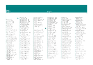 Index
English English
141
A
Almond biscuit
(cooky), 1079
Almond loaf, 1108
Almond soup, 177
Alphabet noodle
soup, 193
Anchovies from
L'Escala, 755
Anchovies with
tomato, 754
Anditos (Val d'Aran blood
sausage with onion), 74
Apple cake / pie, 1118
Apple juice, 1158
Apple pudding, 1123
Apricot juice, 1154
Apricots, 1037
Arròs a banda (rice with
fish, cooked together but
served separately), 218
Artichoke hearts, 362
Artichoke omelette, 513
Artichokes with
clams, 333
Artichokes with
mayonnaise, 334
Artichokes with salt
cod, 332
Artichokes with
vinaigrette, 335
Asparagus au gratin with
parmesan, 373
Asparagus in watercress
sauce, 56
Asparagus omelette, 524
Asparagus salad, 28
Asparagus with
mayonnaise, 55
Asparagus with
ravigote, 58
Asparagus with
vinaigrette, 57
Assorted canapés, 39
Assorted cold cuts, 75
Assorted cold cuts, 107
Assorted cold sausages
(charcuterie), 76
Assorted fried small fish
(small fry), 845
Assorted fruit, 1043
Assorted pastries and
sweets, 1121
Assorted pâtés, 77
Assorted smoked
meats, 98
Assorted vegetables, 408
Assorted wild
mushrooms, 319
Assorted wild mushrooms
with garlic and
parsley, 320
Aubergine (eggplant) à la
crème, 314
Aubergine (eggplant) and
cheese lasagne, 281
Aubergine (eggplant) and
cheese puff pastry, 393
Aubergine (eggplant) au
gratin, 317
Aubergine (eggplant)
caviar with tapenade
(paste of olives, capers,
anchovies, etc.), 40
Aubergine (eggplant)
Egyptian style, 313
Aubergine (eggplant)
mousse, 439
Aubergine (eggplant)
mousse with
Roquefort, 406
Aubergine (eggplant)
omelette, 508
Avocado cocktail, 42
Avocado salad, 7
Avocado with prawns, 1
Avocado with Roquefort
sauce, 2
Avocado with tunny
(tuna), 3
Avocados and chicory
(Belgian endives) au
naturel, 4
B
Baby lamb chops, 577
Baieton (cabbage with
potato and bacon), 318
Baiona (small slices of
ham cured with
pepper), 78
Baked "sea perch", 855
Baked apple, 1069
Baked bass, 829
Baked besuc ("sea-
bream"), 775
Baked cauliflower, 354
Baked dentex fish, 802
Baked fish, 868
Baked hake, 928
Baked orada ("sea-
bream"), 859
Baked sard (fish), 895
Baked turbot, 885
Banana, 1067
Bass en papillotte, 832
Bass with caraway
seed, 831
Bass with cream
sauce, 828
Bass with prawn cream
sauce, 830
Batter fried aubergine
(eggplant), 315
Batter fried brains, 700
Batter fried eggs, 476
Batter fried hake, 837
Batter fried monkfish
(anglerfish), 878
Batter fried monkfish
(anglerfish) fillets, 812
Batter fried squid, 781
Batter-fried
artichokes, 330
Batter-fried
artichokes, 336
Batter-fried
cauliflower, 353
Batter-fried cod, 773
Batter-fried courgettes
(zucchini), 325
Batter-fried kid
chops, 578
Bean omelette, 518
Beef entrecôte, 592
Beef sirloin with green
pepper, 611
Beef stew, 602
Belly pork with white
beans, 747
Besuc ("sea-bream")
baked in salt, 776
Bilberries
(blueberries), 1057
Bisbe (blood
sausage), 79
Biscuits (cookies) with
ranci wine, 1099
Black noodles (cooked in
squid ink), 278
Black pepper pâté, 108
Black rice (cooked in squid
ink), 241
"Blancmange", 1103
Blood and onion
sausage, 533
Blood and rice
sausage, 532
Blood sausage flavoured
with fennel, 646
Boar civet, 958
Boar pâté, 113
Boar with pears, 1034
Boiled rice American
style, 229
Borregos (hard cumin-
flavoured biscuits), 1083
Botifarra (Catalan pork
sausage), 80
Botifarra (Catalan pork
sausage) grilled on a
stone slab, 81
Botifarra (Catalan pork
sausage) grilled on a
stone slab, 544
Botifarra (Catalan pork
sausage) with
mustard, 547
Botifarra (Catalan pork
sausage) with rovellons
(wild mushrooms), 548
Botifarra (Catalan pork
sausage) with samfaina
("ratatouille"), 549
Botifarra (Catalan pork
sausage) with trinxat
(mashed potato and
cabbage cake), 550
Botifarra (Catalan pork
sausage) with white
beans, 82
Botifarra (Catalan pork
sausage) with white
beans, 546
Botifarra de ceba
(Catalan pork and onion
sausage), 551
Botifarra de fetge
(Catalan liver
sausage), 83
Botifarra de llengua
(Catalan tongue
sausage), 84
Botifarra de perol
(Catalan cooked sausage
made from freshly killed
pork), 85
Botifarra dolça (Catalan
sweet pork sausage) with
apple, 552
Botifarra d'ou (Catalan
cooked pork and egg
sausage), 86
Botifarra somalla (Catalan
tender cured pork
sausage), 87
Bouillabaisse, 137
Brains in browned
butter, 701
Bread soup, 197
Broad bean soup, 162
Broad beans à
l'étouffée, 384
Broad beans and
snails, 380
Broad beans Catalan
style, 379
Broad beans in their
pods, 382
Broccoli fritters, 323
Broccoli with carrots, 322
Brossat (curd
cheese), 1130
Broth with semolina, 175
Brussels sprouts, 359
Brussels sprouts au
gratin, 361
Brussels sprouts with
ham, 360
 