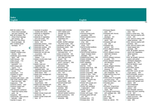 Index
English English
142
Bulh de codena (Val
d'Aran blood sausage
with pork crackling), 88
Bulh de la lengua (Val
d'Aran blood sausage
with tongue), 89
Bulh nere (Val d'Aran
blood sausage), 90
Bull (Catalan blood
sausage), 91
C
Cabbage soup, 186
Calçots (roasted onion
shoots), 324
Caldereta (spiny lobster
stew), 786
Calf's kidneys, 736
Calf's tongue, 710
Calf's tongue
jardinière, 711
Calf's tongue with
capers, 712
Calf's tongue with
tomato, 713
Camembert, 1131
Canelloni au gratin
(Rossini), 251
Canelloni with cream, 248
Cap-i-pota (stewed calf's
head and tripe), 688
Cappucino, 1169
Caramel custard, 1097
Caramel custard with
cream, 1098
Carn de perol (preserve
made from freshly killed
pork), 92
Carpaccio, 565
Carquinyolis (hard almond
biscuits), 1088
Carrots in cream, 411
Casserole of sautéed
noodles with clams, 276
Casserole of vegetables
and salt cod, 341
Casserole of vegetables,
pork and snails, 342
Casserole of white
beans, 340
Casseroled chicken, 1022
Casseroled fowl, 997
Casseroled noodles, 274
Casseroled rabbit, 966
Casseroled rice, 219
Casseroled rice with sea
cucumbers, 220
Castell-llebre
cheese, 1132
Catalan country-style meat
and vegetable
soup, 163
Catalan meat and
vegetable soup, 159
Catalan meat and
vegetable stew, 169
Catalan pork sausace with
white beans, 640
Catalan pork sausage and
white bean
omelette, 511
Catalan pork sausage with
allioli (garlic
mayonnaise), 638
Catalan pork sausage with
wild mushrooms, 639
Catalan salad (with
sausages and cold
cuts), 6
Catalan tomato bread with
anchovies, 66
Catalan tomato bread with
ham, 67
Catalan-style omelette
(with Catalan pork
sausage and white
beans), 503
Catxipanda (stewed
vegetables and
pork), 343
Caulets (stuffed cabbage
Val d'Aran style), 344
Cauliflower au gratin, 356
Cauliflower cream, 355
Caviar, 789
Cebiche (Mexican-style
marinated fish), 41
Celery consommé, 140
Cerdanya-style soup (with
milk, eggs and fried
bread), 192
Charcoal broiled "sea
perch" ("grouper"), 854
Charcoal broiled
artichokes, 329
Charcoal broiled
asparagus, 371
Charcoal broiled calf's
liver, 704
Charcoal broiled
mackerel, 937
Charcoal broiled rabbit with
allioli (garlic
mayonnaise), 963
Charcoal broiled sard
(fish), 894
Charcoal broiled
sardines, 896
Charcoal grilled
mushrooms, 461
Charcoal roasted rovellons
(wild mushrooms), 446
Charcoal-broiled
entrecôte, 586
Charcoal-broiled
lamb, 561
Charcoal-broiled lamb
paupiettes, 655
Charcoal-broiled lamb's
head, 687
Charcoal-broiled veal
chop, 652
Charcoil broiled
chops, 572
Charcoil-broiled botifarra
(Catalan pork
sausage), 543
Charcoil-broiled botifarra
negra (Catalan blood
sausage), 553
Chateaubriand steak, 568
Cheese omelette, 516
Cheese platter, 1147
Chef's vegetable
casserole, 456
Cherries, 1038
Chicago-style pizza, 296
Chicken broth, 135
Chicken broth, 136
Chicken croquettes, 988
Chicken in cava, 1024
Chicken noodle soup, 204
Chicken salad, 25
Chicken with Dublin bay
prawns, 1026
Chicken with prunes and
pine nuts, 1028
Chicken with samfaina
("ratatouille"), 1029
Chicken with spiny
lobster, 1027
Chicken with sugar, 1030
Chickpea salad with salt
cod, 367
Chickpea stew, 170
Chickpea stew, 352
Chickpeas Madrid
style, 347
Chickpeas with chorizo
(spicy red
sausage), 351
Chickpeas with
clams, 349
Chickpeas with salt
cod, 348
Chickpeas with
spinach, 350
Chicory (Belgian endive)
salad, 20
Chicory (Belgian endive)
salad with romesco
sauce, 27
Chicory (Belgian endives)
au gratin, 370
Chicory (Belgian endives)
with béchamel
sauce, 369
Chicory (Belgian endives)
with Roquefort
dressing, 49
Chicory (Belgian endives)
with vinaigrette, 50
Chilled almond soup from
Málaga, 130
Chilled cream of courgette
(zucchini) soup, 157
Chips (French fries), 425
Chocolate cake /
pie, 1119
Churrasco (Argentinian-
style charcoal broiled
meat), 569
Cirl buntings (small birds)
with cabbage rolls, 998
Civet, 570
Clam soup, 185
Clams, 888
Clams au naturel, 791
Clams fisherman
style, 790
Clams in white wine, 792
Coca (savoury pastry) with
onion, 255
Coca (savoury pastry) with
salted sardines, 254
Coca (savoury pastry) with
sardines, 262
Coca (savoury pastry) with
sweet pepper and
sausage, 256
Coca de recapte (savoury
pastry with vegetables,
salted sardines,
etc.), 260
Coca de recapte (savoury
pastry) with grilled
aubergine (eggplant),
peppers, etc., 261
Coca de llardons (suet
pastry), 1089
Coca dolça (sweet
pastry), 1090
Coca d'oli i sucre (oil and
sugar pastry), 1091
Coca enramada (savoury
pastry) with onion and
red peppers, 257
Coca enramada (savoury
pastry) with spinach and
beans, 258
Coca ensaginada
(savoury suet
pastry), 259
Coca maurada (savoury
pastry with pork crackling
or oil), 263
Coca tapada (savoury
pastry turnover), 264
Cockles fisherman
style, 806
 