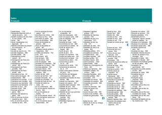 Index
Français Français
151
Castell-llebre, 1132
Catxipanda (légumes verts et
viande de porc), 343
Caulets (rouleaux de chou farci
du Val d’Aran), 344
Caviar, 789
Caviar d’aubergines à la
tapenade, 40
Cebiche (marinade de poisson
à la mexicaine), 41
Cerises, 1038
Cervelle au beurre noir, 701
Cervelle d’agneau, 699
Cervelle panée, 700
Champignons confits
maison, 321
Champignons de Paris à la
braise, 461
Champignons de Paris à la
crème, 463
Champignons de Paris
persillés, 462
Champignons de Paris
sautés, 464
Charcuterie de foie, 83
Charcuterie de langue, 84
Chateaubriand, 568
Chaussons à la courge, 1110
Chaussons aux courges, 409
Chaussons aux épinards, 366
Chaussons aux épinards, 410
Chevreau au four, 557
Chevreau confit, 558
Chevreau grillé à la
pierre, 556
Chevreau rôti (épaule ou
gigot), 559
Chou et pommes de terre
rissolés au lard, 358
Chou et pommes de terre
rissolés au lard, 454
Chou et pommes de terre
vapeur, 357
Chou-fleur à la crème, 355
Chou-fleur au four, 354
Chou-fleur au gratin, 356
Choux de Bruxelles, 359
Choux de Bruxelles au
jambon, 360
Choux de Bruxelles en
gratin, 361
Churrasco (viande grillée à
l’argentine), 569
Civelles à la bilbaïne, 752
Civet, 570
Civet d’isard, 955
Civet de lapin, 956
Civet de lièvre, 957
Civet de sanglier, 958
Clovisses à la marinière, 790
Clovisses au vin blanc, 792
Clovisses géantes, 793
Clovisses nature, 791
Coca de recapte (tourte
maison), 260
Cochon de lait, 620
Cochon de lait farci, 621
Cocktail d’avocats, 42
Cocktail de crevettes, 43
Cocktail de fruits de mer, 44
Cocktail de melon au
crabe, 45
Cœ urs d’artichauts, 362
Cœ urs de palmier chauds au
beurre, 392
Cœ urs de palmier en
salade, 17
Cœ urs de palmier nature, 60
Cœ urs de palmier sauce aux
anchois, 61
Cœ urs de palmier sauce
mayonnaise, 391
Cœ urs de palmier
vinaigrette, 62
Colin à la basquaise, 835
Colin à la sauce verte, 838
Colin en beignets, 837
Colin grillé, 836
Compote de fruits, 1040
Concombres de mer, 808
Concombres en salade, 46
Confit de canard aux
fraises, 962
Confit de porc, 92
Confit de porc, 571
Congre à la marinière, 794
Congre aux petits pois, 795
Consommé à la tasse, 142
Consommé au céleri, 140
Consommé au jaune
d’œ uf, 138
Consommé au xérès, 139
Consommé de queue de
bœ uf, 141
Coppa (charcuterie d’échine
de porc), 102
Coq fermier aux llenegues
(champignons), 994
Coquelets aux feuilles de chou
farcies, 998
Coques à la marinière, 806
Coques à la vapeur, 807
Coquilles Saint-Jacques, 939
Côtelette de porc, 642
Côtelette de porc aux deux
couleurs, 641
Côtelette de porc aux pommes
de terre, 644
Côtelette de porc
marinée, 643
Côtelettes, 577
Côtelettes d’agneau au
gril, 575
Côtelettes d’agneau
grillées, 576
Côtelettes de chevreau
panées, 578
Côtelettes de porc à la
cantonaise, 573
Côtelettes de porc au
miel, 574
Côtelettes de veau, 651
Côtelettes de veau à la
braise, 652
Côtelettes grillées, 572
Courgette aux anchois, 327
Courgette farcie, 326
Courgette marinée, 328
Couteaux grillés, 851
Couteaux nature, 852
Crème aranaise, 1093
Crème brûlée, 1094
Crêpes aux champignons de
Paris, 364
Crêpes aux épinards, 363
Crespèths (crêpes, Val
d’Aran), 1095
Crevettes flambées, 823
Crevettes grillées, 822
Croquettes, 579
Croquettes de morue, 799
Croquettes de poisson, 800
Croquettes de poulet, 988
Crudités, 47
Cuisse de chevreau, 581
Cuisse de dindon aux
poires, 989
Cuisse de paon rôtie, 990
Cuisses d’oie confites, 991
Cuisses de grenouilles, 753
D
Dattes de mer, 801
Délices de la mer au vinaigre
de cidre, 48
Denté au four, 802
Dindon farci, 995
Dindon rôti, 996
Dorade au four, 775
Dorade au four, 859
Dorade au sel, 776
Dorade en croûte de sel, 858
E
Échine de porc, 633
Échine de porc à la
crème, 635
Échine de porc aux
haricots, 634
Échine de porc aux
prunes, 636
Écrevisses, 798
Émincé de baudroie (lotte) au
safran, 803
Émincé de veau, 600
Emmental, 1133
Endives au gratin, 370
Endives sauce au
roquefort, 49
Endives sauce
Béchamel, 369
Endives vinaigrette, 50
Entrecôte à la crème de
lactaires, 587
Entrecôte au poivre, 590
Entrecôte au porto, 591
Entrecôte de bœ uf, 592
Entrecôte de veau, 593
Entrecôte en papillote, 594
Entrecôte garnie, 588
Entrecôte grillée, 586
Entrecôte grillée aux fines
herbes, 589
Épaule d’agneau rôtie, 601
Épinards à la catalane (aux
raisins secs et aux
pignons), 374
Épinards à la crème, 375
Épinards au jambon, 376
Équilles persillées, 912
Escalivada (poivron,
aubergine, oignon, tomate
grillés en salade), 54
Escalope à la milanaise, 595
Escalope à la viennoise, 599
Escalope cordon bleu, 596
Escalope d’échine de
porc, 597
Escalope de veau, 598
Escalopes d’échine de porc
farcies (au jambon et au
fromage), 632
Escargots à l’ailloli, 693
Escargots à l’étuvée, 697
Escargots a la brutesca (grillés
au feu de paille), 690
Escargots à la
gourmande, 691
Escargots à la poêle passés
au four, 692
Escargots au crabe, 694
Escargots doux et
piquants, 696
Escargots sauce
piquante, 698
Escargots sauce
romesco, 695
Escudella (pot-au-feu) à la
courge, 161
Escudella (pot-au-feu) au
maïs, 160
Escudella (pot-au-feu) aux
boulettes de viande, 158
Escudella (pot-au-feu) aux
fèves, 162
Escudella barrejada (pot-au-
feu traditionnel), 159
 
