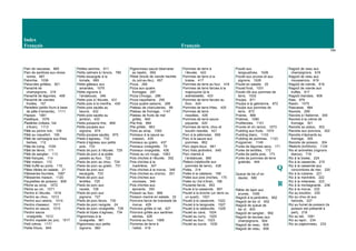 Index
Français Français
154
Pain de rascasse, 865
Pain de sardines aux olives
noires, 867
Palombe, 1036
Palourdes grillées, 921
Panaché de
champignons, 319
Panaché de légumes, 408
Panaché de viandes
froides, 107
Panellets (petits fours à base
de pâte d’amande), 1111
Papaye, 1061
Pastèque, 1076
Pastères (crêpes, Val
d’Aran), 1113
Pâté au poivre noir, 108
Pâté au roquefort, 109
Pâté de campagne aux fines
herbes, 112
Pâte de coing, 1039
Pâté de lièvre, 111
Pâté de sanglier, 113
Pâté français, 114
Pâté maison, 110
Pâté truffé au porto, 115
Pâtes tièdes en salade, 21
Pâtisseries fourrées, 1087
Pâtisseries maison, 1120
Paupiettes de poisson, 809
Pêche au sirop, 1072
Pêche au vin, 1071
Perdrix à l’étuvée, 1016
Perdrix au chou, 1013
Perdrix aux raisins, 1014
Perdrix chasseur, 1011
Perdrix en sauce, 1015
Perdrix sauce
vinaigrette, 1012
Perdrix xopada (au jus), 1017
Petit crème, 1171
Petite friture, 845
Petites seiches, 911
Petits calmars à l’encre, 785
Petits escargots à la
tomate, 689
Petits gâteaux aux
amandes, 1079
Petits oignons à
l’andalouse, 346
Petits pois à l’étuvée, 431
Petits pois à la menthe, 430
Petits pois sautés au
beurre, 432
Petits pois sautés au
jambon, 433
Petits poissons frits, 869
Petits poulpes aux
oignons, 874
Petits poulpes sautés, 875
Pieds d’agneau, 732
Pieds d’agneau aux petits
pois, 733
Pieds de porc à l’étuvée, 729
Pieds de porc à la poêle
passés au four, 722
Pieds de porc au chou, 724
Pieds de porc au gratin, 731
Pieds de porc aux
escargots, 723
Pieds de porc aux
lentilles, 725
Pieds de porc aux
navets, 726
Pieds de porc aux
pignons, 727
Pieds de porc farcis, 730
Pieds de porc ravigote, 24
Pieds de porc vinaigrette, 728
Pieds et tripes d’agneau, 734
Pigeonneau à la
vinaigrette, 961
Pigeonneau aux petits
oignons, 960
Pigeonneau sauce béarnaise
au basilic, 959
Pilota (boule de viande hachée
du pot-au-feu), 657
Pizza, 294
Pizza aux quatre
fromages, 297
Pizza Chicago, 296
Pizza napolitaine, 295
Pizza quatre saisons, 298
Plateau de charcuteries, 99
Plateau de fromage, 1147
Plateau de fruits de mer
grillés, 840
Plie frite, 864
Plie grillée, 863
Poire au sirop, 1062
Poireaux à la sauce au
cresson, 435
Poireaux au gratin, 437
Poireaux vinaigrette, 70
Poireaux vinaigrette, 436
Poires au vin rouge, 1063
Pois chiches à l’étuvée, 352
Pois chiches à la
madrilène, 347
Pois chiches à la morue, 348
Pois chiches au chorizo, 351
Pois chiches aux
clovisses, 349
Pois chiches aux
épinards, 350
Poisson au four, 868
Poisson mariné en salade, 22
Poivrons farcis de brandade de
morue, 429
Poivrons grillés à l’ail, 427
Poivrons grillés aux sardines
sèches, 428
Pomme au four, 1069
Pommes de terre à
l’ailloli, 419
Pommes de terre à
l’étuvée, 422
Pommes de terre à la
braise, 417
Pommes de terre au four, 418
Pommes de terre farcies à la
majorquine (à la
sobrassada), 423
Pommes de terre farcies au
thon, 424
Pommes de terre frites, 425
Pommes de terre
rissolées, 426
Pommes de terre sauce
piquante, 420
Pommes de terre, chou et
boudin rissolés, 421
Porc à la pékinoise, 659
Porc à la sauce aux
pommes, 662
Porc aigre-doux, 661
Porc frais jardinière, 645
Porc mariné à
l’andalouse, 660
Potaco (ratatouille aux
pommes de terre), 438
Potée, 214
Potée à la catalane, 169
Potée aux pois chiches, 170
Potée du Val d’Aran, 168
Poularde farcie, 953
Poule à la casserole, 997
Poulet à la broche (un demi ou
un quart), 1021
Poulet à la casserole, 1022
Poulet à la langouste, 1027
Poulet à la ratatouille, 1029
Poulet au cava, 1024
Poulet au curry, 1025
Poulet au four, 1023
Poulet au sucre, 1030
Poulet aux
langoustines, 1026
Poulet aux prunes et aux
pignons, 1028
Poulet en salade, 25
Poulet froid, 1031
Poulet rôti aux pommes de
terre, 1032
Poulpe, 871
Poulpe à la galicienne, 872
Poulpe aux pommes de
terre, 873
Praires, 888
Pralines, 1080
Profiteroles, 1101
Prunes et vin rancio, 1073
Pudding aux fruits, 1074
Pudding blanc, 1103
Pudding de pommes, 1123
Puigcerver, 1149
Purée de légumes secs, 171
Purée de lentilles, 172
Purée de petits pois, 173
Purée de pommes de terre
gratinée, 444
Q
Queue de bœ uf en
daube, 580
R
Râble de lapin aux
prunes, 1006
Ragoût à la jardinière, 562
Ragoût de bœ uf, 602
Ragoût de queue de
bœ uf, 603
Ragoût de sanglier, 992
Ragoût de taureau aux
champignons, 604
Ragoût de veau, 605
Ragoût de veau, 658
Ragoût de veau aux
champignons, 618
Ragoût de veau aux
mousserons, 619
Ragoût de viande, 616
Ragoût de viande aux
truffes, 617
Ragoût irlandais, 606
Raie, 876
Raisin, 1075
Rascasse, 884
Raviolis, 299
Raviolis à l’italienne, 300
Raviolis à la crème de
fromage, 301
Raviolis au pistou, 303
Raviolis aux poivrons, 302
Raviolis d’épinards au
fromage, 305
Raviolis de poisson, 304
Redorts (tortillons), 1124
Ris et animelles (rognons
blancs), 716
Riz à la braise, 224
Riz à la casserole, 219
Riz à la casserole aux
concombres de mer, 220
Riz à la cubaine, 221
Riz à la marinière, 222
Riz à la milanaise, 223
Riz à la montagnarde, 236
Riz à la morue, 232
Riz au bouillon, 230
Riz au chou et aux
haricots, 227
Riz au fumet de poisson (le
poisson est présenté à
part), 218
Riz au lait, 1081
Riz au lapin, 234
Riz au pigeonneau, 233
 
