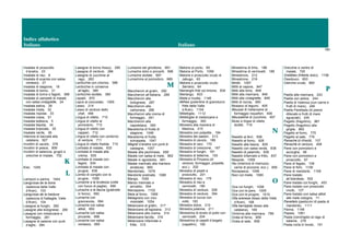 Indice alfabetico
Italiano Italiano
160
Insalata di prosciutto
d’anatra, 23
Insalata di riso, 8
Insalata di scarola con salsa
romesco, 27
Insalata di stagione, 16
Insalata di tonno, 31
Insalata di tonno e fagioli, 368
Insalata di zampetti di maiale
con salsa vinaigrette, 24
Insalata estiva, 29
Insalata mista, 32
Insalata niçoise, 33
Insalata russa, 51
Insalata tedesca, 5
Insalata tiepida, 34
Insalata tropicale, 35
Insalata verde, 36
Interiora di baccalà alla
catalana, 927
Involtini di cavolo, 378
Involtini di pesce, 809
Involtini di salsiccia, grugni e
orecchie di maiale, 702
K
Kiwi, 1045
L
Lamponi e panna, 1044
Languïssa de la bona
(salsiccia della Valle
d’Aran), 103
Languïssa de la traidura
(salsiccia di frattaglie, Valle
d’Aran), 104
Lasagne ai funghi, 282
Lasagne alla bolognese, 280
Lasagne con melanzane e
formaggio, 281
Lasagne di salame con purè
d’aglio, 284
Lasagne di tonno fresco, 285
Lasagne di verdure, 286
Lasagne di zucchine al
ragù, 283
Lenticchie con chorizo, 388
Lenticchie in conserva
all’aglio, 389
Lenticchie stufate, 390
Lepadi, 870
Lepre al cioccolato, 1005
Lesso, 214
Lesso di verdure dello
chef, 456
Lingua di vitello, 710
Lingua di vitello al
pomodoro, 713
Lingua di vitello con
capperi, 712
Lingua di vitello con contorno
di verdure, 711
Lingua di vitello fredda, 715
Lombata di maiale, 633
Lombata di maiale alla
crema, 635
Lombata di maiale con
fagioli, 634
Lombata di maiale con
prugne, 636
Lombo di coniglio con le
prugne, 1006
Lumache a la brutesca (cotte
con fuoco di paglia), 690
Lumache a la llauna (gratinate
in forno), 692
Lumache con
grancevola, 694
Lumache con salsa
allioli, 693
Lumache con salsa
piccante, 698
Lumache con salsa
romesco, 695
Lumache del ghiottone, 691
Lumache dolci e piccanti, 696
Lumache stufate, 697
Lumachine al pomodoro, 689
M
Maccheroni al gratin, 292
Maccheroni all’italiana, 289
Maccheroni alla
bolognese, 287
Maccheroni alla
carbonara, 288
Maccheroni alla crema di
formaggio, 291
Maccheroni alla
napoletana, 290
Macedonia di frutta di
stagione, 1046
Macedonia di frutta
sciroppata, 1047
Magret d’anatra con purè di
castagne, 1007
Maiale alla pechinese, 659
Maiale con salsa di mele, 662
Maiale in agrodolce, 661
Maiale marinato alla maniera
andalusa, 660
Mandorlato, 1079
Mandorle pralinate, 1080
Mango, 1055
Manzo marinato e
arrostito, 554
Marzapane, 1102
Mela al forno, 1069
Melagrana con vino
moscatel, 1054
Melanzane al gratin, 317
Melanzane all’egiziana, 313
Melanzane alla crema, 314
Melanzane farcite, 316
Melanzane infarinate e
fritte, 315
Melone al porto, 65
Melone al Porto, 1056
Melone e prosciutto crudo di
Jabugo, 63
Melone e prosciutto crudo
Serrano, 64
Merlanghi fritti col limone, 834
Merlango, 833
Miele e ricotta, 1146
Milhes (polentine di granoturco
fritte della Valle
d’Aran), 1104
Millefoglie, 1112
Millefoglie di melanzane e
formaggio, 393
Minestra alla maniera di
Maiorca, 215
Minestra con polpette, 194
Minestra dei pastori, 213
Minestra di cavolo, 186
Minestra di ceci, 170
Minestra di crescione, 187
Minestra di funghi, 181
Minestra di letterine, 193
Minestra di Pinyana (di
verdure, formaggio, polpette,
ecc.), 202
Minestra di piselli e
prosciutto, 201
Minestra di riso, 179
Minestra di riso e
vermicelli, 180
Minestra di verdure, 209
Minestra di verdure, 394
Minestra di zucca con
mitili, 183
Minestra dolce, 210
Minestra julienne, 211
Minestrina di brodo di pollo con
vermicelli, 204
Minestrina di capelli d’angelo
(capellini), 182
Minestrina di timo, 188
Minestrina di vermicelli, 189
Minestrone, 212
Minestrone, 216
Mirtilli, 1057
Mitili al vapore, 847
Mitili alla birra, 848
Mitili alla marinara, 846
Mitili alla vinaigrette, 849
Mitili di roccia, 850
Mosaico di legumi, 405
Mousse di melanzane al
formaggio roquefort, 406
Mousseline di zucchine, 407
Muso e trippe di vitello
stufati, 719
N
Nasello ai ferri, 836
Nasello al forno, 928
Nasello alla basca, 835
Nasello con salsa verde, 838
Nasello di palamito, 839
Nasello infarinato e fritto, 837
Nespole, 1059
Niu (interiora di merluzzo,
carne di piccione, ecc.), 856
Nocepesca, 1058
Noci col miele, 1060
O
Oca coi funghi, 1008
Oca con le pere, 1009
Oca con le prugne, 1010
Olla aranesa (lesso della Valle
d’Aran), 168
Olla barrejada (lesso alla
catalana), 169
Ombrina alla marinara, 796
Orata al forno, 859
Orata al sale, 858
Orecchie e ventre di
maiale, 720
Orelletes (frittelle dolci), 1106
Ossobuco, 653
Ostriche crude, 860
P
Paella alla marinara, 243
Paella con astice, 244
Paella di Valenza (con carne e
frutti di mare), 246
Paella Parellada (di pesce
diliscato e frutti di mare
sgusciati), 245
Pagello (fragolino), 861
Pagello (fragolino) alla
griglia, 862
Pagello al forno, 775
Pagello al sale, 776
Panaché di rifreddi, 107
Panaché di verdure, 408
Pane con pomodoro e
acciughe, 66
Pane con pomodoro e
prosciutto, 67
Pane di fegato, 106
Pane di fichi, 1109
Pane di mandorle, 1108
Pane tostato
all’olandese, 502
Pane tostato coi funghi, 453
Pane tostato con prosciutto
crudo, 127
Pane tostato con salsa allioli
alle mele cotogne, 71
Panellets (pasticcini di pasta di
mandorle), 1111
Panna, 1148
Papaia, 1061
Pasta (conchiglie) al ragù di
salame, 279
Pasta corta in brodo, 191
 