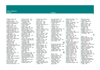 Indice alfabetico
Italiano Italiano
161
Pastères (crêpe, Valle
d’Aran), 1113
Pasticcini assortiti, 1121
Pasticcini della casa, 1120
Pasticcini di marmellata di
zucca, 1122
Pastina in brodo, 203
Patate al forno, 418
Patate al forno con salsa
piccante e maionese, 420
Patate alla brace, 417
Patate con salsa allioli, 419
Patate ripiene alla maniera di
Maiorca (con
sobrassada), 423
Patate ripiene di tonno, 424
Patate rosolate, 426
Patate stufate, 422
Patate, cavoli e botifarra nera
rosolati, 421
Patatine fritte, 425
Pâté al formaggio
roquefort, 109
Pâté al pepe nero, 108
Pâté alla campagnola con erbe
aromatiche, 112
Pâté assortiti, 77
Pâté della casa, 110
Pâté di cinghiale, 113
Pâté di lepre, 111
Pâté francese, 114
Pâté tartufato al porto, 115
Peperoni arrostiti
all’aglio, 427
Peperoni arrostiti con sardine
salate, 428
Peperoni ripieni di brandada di
baccalà, 429
Pere al vino rosso, 1063
Pere sciroppate, 1062
Pernice al sugo, 1015
Pernice alla cacciatora, 1011
Pernice coi cavoli, 1013
Pernice con l’uva, 1014
Pernice con salsa
vinaigrette, 1012
Pernice stufata, 1016
Pernice xopada (al
sugo), 1017
Pesce al forno, 868
Pesce in casseruola, 788
Pesche col vino, 1071
Pesche sciroppate, 1072
Pesciolini di sabbia (cicerelli)
con aglio e prezzemolo, 912
Pesciolini fritti, 845
Pesciolini fritti, 869
Petto di pollo ai ferri, 1019
Petto di tacchino al
cava, 1018
Piccione con cipolline, 960
Piccione con salsa béarnaise
al basilico, 959
Piccioni con salsa
vinaigrette, 961
Pilota (grossa polpetta di carne
bollita nell’escudella), 657
Piselli alla menta, 430
Piselli rosolati al burro, 432
Piselli rosolati con
prosciutto, 433
Piselli stufati, 431
Pizza, 294
Pizza ai quattro formaggi, 297
Pizza alla Chicago, 296
Pizza alla napoletana, 295
Pizza quattro stagioni, 298
Platessa (passera di mare) ai
ferri, 863
Platessa (passera di mare)
fritta, 864
Polipetti con cipolle, 874
Polipetti rosolati, 875
Pollastrelli con involtini di
cavolo, 998
Pollo al cava, 1024
Pollo al curry, 1025
Pollo al forno, 1023
Pollo allo spiedo (mezzo, un
quarto), 1021
Pollo arrosto con
patate, 1032
Pollo con aragosta, 1027
Pollo con lo zucchero, 1030
Pollo con prugne e
pinoli, 1028
Pollo con samfaina, 1029
Pollo con scampi, 1026
Pollo freddo, 1031
Pollo in casseruola, 1022
Polpette con contorno di
verdure, 647
Polpette con piselli, 648
Polpette con salsa di
pomodoro, 649
Polpette con seppie, 650
Polpo, 871
Polpo alla gallega, 872
Polpo con patate, 873
Pomodori al gratin, 452
Pomodori alla
provenzale, 450
Pomodori ripieni, 451
Porcellino da latte, 620
Porcellino da latte farcito
arrosto, 621
Porri al gratin, 437
Porri con salsa di
crescione, 435
Porri con salsa vinaigrette, 70
Porri con salsa
vinaigrette, 436
Portata di formaggi, 1147
Potaco (verdure stufate con
patate), 438
Prosciutto arrostito, 121
Prosciutto cotto, 118
Prosciutto cotto al porto, 120
Prosciutto cotto col
miele, 119
Prosciutto crudo del
posto, 117
Prosciutto crudo di
Jabugo, 123
Prosciutto crudo Serrano, 122
Prosciutto d’anatra, 116
Prosciutto di Baiona, 78
Prugne con vino
liquoroso, 1073
Pudding di frutta, 1074
Pudding di mele, 1123
Puigcerver, 1149
Purè di legumi, 171
Purè di lenticchie, 172
Purè di patate al gratin, 444
Purè di piselli, 173
Q
Quaglie alla cacciatora, 999
Quaglie arrosto, 1033
Quaglie con le vongole, 1000
Quaglie con salsa
vinaigrette, 1001
Quaglie in foglie di vite, 1002
Quaglie ripiene, 1003
R
Ravioli, 299
Ravioli ai peperoni, 302
Ravioli al pesto, 303
Ravioli all’italiana, 300
Ravioli alla crema di
formaggio, 301
Ravioli di pesce, 304
Ravioli di spinaci e
formaggio, 305
Razza, 876
Redorts (ciambelle), 1124
Ricci di mare, 818
Ricotta, 1144
Ricotta con cotognata, 1145
Rifreddi assortiti, 75
Riso al latte, 1081
Riso alla brace, 224
Riso alla cubana (con uovo
fritto, banane e
pomodori), 221
Riso bianco
all’americana, 229
Riso con cavolo e fagioli, 227
Riso de l’art (dei
pescatori), 235
Riso fritto al curry, 240
Riso in brodo, 230
Riso in casseruola, 219
Riso in casseruola con cetrioli
di mare, 220
Riso pilaf, 242
Risotto al nero di seppia, 241
Risotto al sugo di pesce (il
pesce viene servito
separatamente), 218
Risotto alla marinara, 222
Risotto alla milanese, 223
Risotto alla montanara, 236
Risotto di anguille, 231
Risotto di baccalà, 232
Risotto di calamari, 225
Risotto di coniglio, 234
Risotto di mitili, 228
Risotto di pesce e frutti di
mare, 237
Risotto di piccione, 233
Risotto di pollo, 238
Risotto di verdure, 239
Risotto di vongole, 226
Roast beef, 124
Roast beef all’inglese, 664
Rognoni con aglio e
prezzemolo, 735
Rognoni di agnello allo
sherry, 737
Rognoni di vitello, 736
Rombo al cava, 886
Rombo al forno, 885
Romesco (salsa
piccante), 887
Roquefort, 1151
Rossejat (riso dorato nel
soffritto), 247
Rossejat di vermicelli (dorati
nel soffritto), 306
S
Salame, 105
Salmone affumicato, 893
Salmone al burro nero, 889
Salmone al cartoccio, 891
Salmone all’aceto di
cava, 890
Salmone fresco, 892
Salmorejo (purè di verdure) coi
gamberetti, 174
Salsicce al vino rosso, 667
Salsicce con gamberetti, 665
Salsicce con purè di
patate, 666
Salsicce del posto, 669
Salsiccia coi funghi, 639
Salsiccia con fagioli, 640
Salsiccia con salsa allioli, 638
Salumi assortiti, 76
Samfaina (misto di verdure
stufate), 449
Sanganheta (sanguinaccio
preparato alla maniera della
Valle d’Aran), 739
Sangue con cipolle, 738
Sangue e fegato con
cipolle, 740
 
