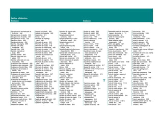 Indice alfabetico
Italiano Italiano
162
Sanguinaccio aromatizzato al
finocchio, 646
Sanguinaccio di cipolle, 533
Sanguinaccio di cipolle, 551
Sanguinaccio di riso, 532
Sarago al forno, 895
Sarago alla brace, 894
Sardine alla griglia, 896
Sardine con salsa
vinaigrette, 897
Sardine fritte, 899
Sardine marinate al
sugo, 898
Sardine ripiene, 900
Sardine sotto sale con
salsa, 757
Sardine sotto sale con uva
moscatella, 756
Scaloppina alla milanese, 595
Scaloppina alla viennese, 599
Scaloppina Cordon Bleu, 596
Scaloppina di lombata di
maiale, 597
Scaloppina di vitello, 598
Scaloppine di coda di rospo
(rana pescatrice) allo
zafferano, 803
Scaloppine di lombata di
maiale farcita con formaggio
e prosciutto, 632
Scampi ai ferri, 804
Scorfano, 884
Secallona (salame sottile
stagionato), 125
Semolino, 175
Seppie ai ferri, 904
Seppie alla marinara, 903
Seppie coi funghi, 910
Seppie con coda di toro, 905
Seppie con involtini di
cavolo, 906
Seppie con patate, 907
Seppie con piselli, 908
Seppie con polpette, 909
Seppioline, 911
Serrat, 1152
Sformato di asparagi
verdi, 441
Sformato di carne, 656
Sformato di funghi, 412
Sformato di funghi, 416
Sformato di melanzane, 439
Sformato di patate, 413
Sformato di peperoni, 440
Sformato di pesce, 866
Sformato di pomodori con
salvia, 443
Sformato di porri, 414
Sformato di rognoni, 721
Sformato di sardine e olive
nere, 867
Sformato di scorfano, 865
Sformato di spinaci, 442
Sformato di verdure, 415
Sformato di zucchine al
formaggio, 385
Sgombro alla brace, 937
Sgombro marinato con
salsa, 938
Sogliola coi funghi, 826
Sogliola con le mandorle, 825
Sogliola meunière, 827
Spaghetti al gratin, 271
Spaghetti al pesto, 270
Spaghetti al salmone, 269
Spaghetti all’aglio, 268
Spaghetti alla bolognese, 265
Spaghetti alla carbonara, 266
Spaghetti alla
napoletana, 267
Spalla di agnello arrosto, 601
Spiedino di carne, 555
Spiedino di gamberi, 758
Spiedino di rognoni alla
francese, 686
Spigola (branzino) al
cartoccio, 832
Spigola (branzino) al carvi
(anice dei Vosgi), 831
Spigola (branzino) al
forno, 829
Spigola (branzino) alla
crema, 828
Spigola (branzino) alla crema
di gamberetti, 830
Spinaci alla catalana (con uva
passa e pinoli), 374
Spinaci alla crema, 375
Spinaci con prosciutto, 376
Stinchi (disossati) di agnello
alla brace, 655
Stinchi (disossati) di
vitello, 654
Stinco, 622
Stinco di agnello, 631
Stinco di vitello al vino
rosso, 630
Stinco di vitello con
cipolline, 628
Stinco di vitello con
piselli, 629
Stufato all’irlandese, 606
Stufato d’anatra alla maniera
dell’Empordà, 1020
Stufato d’anatra con
patate, 952
Stufato di carne con
verdure, 562
Stufato di cinghiale, 992
Stufato di coda di manzo, 603
Stufato di lingua di vitello, 714
Stufato di manzo, 602
Stufato di toro con
funghi, 604
Stufato di vitello, 605
Stufato di vitello, 658
Stufato di vitello, 681
Succo d’ananas, 1157
Succo d’uva, 1160
Succo di albicocca, 1154
Succo di arance
fresche, 1161
Succo di mela, 1158
Succo di pera, 1156
Succo di pesca, 1159
Succo di pompelmo, 1155
Suprême di coda di rospo
(rana pescatrice) al
dragoncello, 915
Suprême di ombrina allo
zafferano, 914
Suprême di pesce, 913
Suprême di salmone con
mostarda, 916
Suquet (pesce in umido), 917
Suquet di cernia, 918
Suquet di coda di rospo (rana
pescatrice) e
gamberetti, 920
Suquet di stoccafisso, 919
Svizzera con patatine
fritte, 627
T
Tacchino arrosto, 996
Tacchino ripieno, 995
Tagliatelle, 307
Tagliatelle all’aglio, 311
Tagliatelle alla
bolognese, 308
Tagliatelle alla
carbonara, 309
Tagliatelle alla
napoletana, 310
Tagliatelle alla trota
affumicata, 312
Tagliere di salumi, 99
Tapenade (pasta di olive nere,
capperi, acciughe...), 72
Tartine assortite, 39
Tartufi di mare (vongole
piccole), 888
Tastet (salame sottile
stagionato), 126
Telline alla griglia, 921
Testa di agnello alla
brace, 687
Timballo di maccheroni, 293
Tonno al pomodoro, 924
Tonno alla provenzale, 922
Tonno con samfaina, 923
Tonno fresco, 926
Tonno marinato con
salsa, 925
Tordi stufati con le olive, 1035
Torroni, 1126
Torta al cioccolato, 1119
Torta al limone, 1115
Torta con ciccioli, 1089
Torta di ciccioli, 263
Torta di cipolle, 255
Torta di cipolle e peperoni
rossi, 257
Torta di escalivada, 261
Torta di fragole, 1116
Torta di frittate, 501
Torta di frutta secca, 1114
Torta di mele, 1118
Torta di noci, 1117
Torta di pasta sfoglia, 259
Torta di peperoni e
salsiccia, 256
Torta di sardine, 262
Torta di sardine salate, 254
Torta di spinaci e
fagiolini, 258
Torta di verdure, sardine
salate, ecc., 260
Torta farcita, 253
Torta farcita, 264
Torta zuccherata, 1090
Tortades (dolci di
mandorle), 1127
Tortell (ciambella), 1128
Tortelli di spinaci, 410
Tortelli di spinaci), 366
Tortelli di zucchine, 409
Tournedos (medaglione di
vitello), 673
Tournedos alla crema di funghi
lattari, 674
Tournedos di tonno con crema
di funghi, 936
Tournedos Rossini, 675
Triglia, 841
Triglie al vino rosso, 843
Triglie alla provenzale, 842
Triglie fritte, 844
Trippa alla catalana, 741
Trippa alla fiamma, 742
Trippa alla gallega (con
ceci), 743
Trippa alla madrilena, 744
Trippa alla maniera di
Caen, 745
Trippa con cap-i-pota, 746
Trippa e zampetti di
agnello, 734
Trota affumicata, 935
Trota al finocchio, 932
Trota alla maniera del
Pallars, 931
Trota alla maniera di
Navarra, 930
Trota con le noci, 933
Trota con salsa di
mandorle, 934
Trota in agrodolce, 929
Truhada (patate ripiene alla
maniera della Valle
d’Aran), 455
 