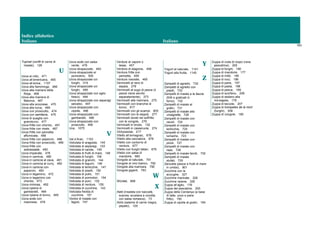 Indice alfabetico
Italiano Italiano
163
Tupinet (confit di carne di
maiale), 128
U
Uova al nido, 471
Uova all’americana, 465
Uova all’anice, 1107
Uova alla fiamminga, 466
Uova alla maniera della
Rioja, 468
Uova alla maniera di
Maiorca, 467
Uova alla scozzese, 470
Uova alla turca, 469
Uova con prosciutto, 474
Uova con samfaina, 475
Uova di quaglia con
granoturco, 477
Uova fritte con chorizo, 491
Uova fritte con miele, 487
Uova fritte con pancetta
affumicata, 486
Uova fritte con peperoni, 488
Uova fritte con prosciutto, 489
Uova fritte con
sobrassada, 490
Uova impanate, 476
Uova in camicia, 480
Uova in camicia al cava, 481
Uova in camicia al curry, 482
Uova in camicia con
peperoni, 483
Uova in tegamino, 472
Uova in tegamino con
chorizo, 473
Uova mimosa, 492
Uova ripiene di
gamberetti, 484
Uova ripiene di tonno, 485
Uova sode con
maionese, 478
Uova sode con salsa
verde, 479
Uova strapazzate, 493
Uova strapazzate al
pomodoro, 500
Uova strapazzate coi
funghi, 319
Uova strapazzate coi
funghi, 495
Uova strapazzate con aglio
fresco, 494
Uova strapazzate con asparagi
selvatici, 497
Uova strapazzate con
cipolle, 496
Uova strapazzate con
gamberetti, 498
Uova strapazzate con
prosciutto, 499
Uva, 1075
V
Val d’Aran, 1153
Vellutata di aragosta, 145
Vellutata di asparagi, 153
Vellutata di carote, 149
Vellutata di frutti di mare, 148
Vellutata di funghi, 156
Vellutata di granchi, 144
Vellutata di legumi, 146
Vellutata di lenticchie, 147
Vellutata di piselli, 150
Vellutata di pollo, 151
Vellutata di pomodori, 154
Vellutata di porri, 152
Vellutata di verdure, 155
Vellutata di zucchine, 143
Vellutata fredda di
zucchine, 157
Ventre di maiale con
fagioli, 747
Verdure al vapore o
lesse, 457
Verdure di stagione, 458
Verdure fritte con
pancetta, 459
Verdure rosolate, 460
Vermicelli al nero di
seppia, 278
Vermicelli al sugo di pesce (il
pesce viene servito
separatamente), 273
Vermicelli alla marinara, 275
Vermicelli con branchie di
tonno, 817
Vermicelli con gli scampi, 805
Vermicelli con le seppie, 277
Vermicelli dorati nel soffritto
con le vongole, 276
Vermicelli in brodo, 132
Vermicelli in casseruola, 274
Vichyssoise, 217
Vitello all’armagnac, 678
Vitello alla cacciatora, 676
Vitello con contorno di
verdure, 677
Vitello con funghi lattari, 679
Vitello con salsa di
mandorle, 680
Vongole al naturale, 791
Vongole al vino bianco, 792
Vongole alla marinara, 790
Vongole giganti, 793
W
Würstel, 668
X
Xató (insalata con baccalà,
scarola, eccetera e condita
con salsa romesco), 73
Xolís (salame di carne magra,
pepato), 129
Y
Yogurt al naturale, 1141
Yogurt alla frutta, 1140
Z
Zampetti di agnello, 732
Zampetti di agnello con
piselli, 733
Zampetti di maiale a la llauna
(fritti e gratinati in
forno), 722
Zampetti di maiale al
gratin, 731
Zampetti di maiale alla
vinaigrette, 728
Zampetti di maiale con
cavoli, 724
Zampetti di maiale con
lenticchie, 725
Zampetti di maiale con
lumache, 723
Zampetti di maiale con
pinoli, 727
Zampetti di maiale con
rape, 726
Zampetti di maiale farciti, 730
Zampetti di maiale
stufati, 729
Zarzuela (pesce e frutti di mare
in umido), 901
Zucchine con le
acciughe, 327
Zucchine marinate, 328
Zucchine ripiene, 326
Zuppa all’aglio, 176
Zuppa del pescatore, 200
Zuppa della Cerdanya (a base
di latte, uovo e pane
fritto), 192
Zuppa di cipolle al gratin, 184
Zuppa di coda di rospo (rana
pescatrice), 205
Zuppa di funghi, 190
Zuppa di mandorle, 177
Zuppa di mitili, 195
Zuppa di noci, 196
Zuppa di pane, 197
Zuppa di pasta, 198
Zuppa di pesce, 199
Zuppa di scorfano, 206
Zuppa di sedano alla
norvegese, 178
Zuppa di taccole, 207
Zuppa di trompetes de la mort
(funghi), 208
Zuppa di vongole, 185
 